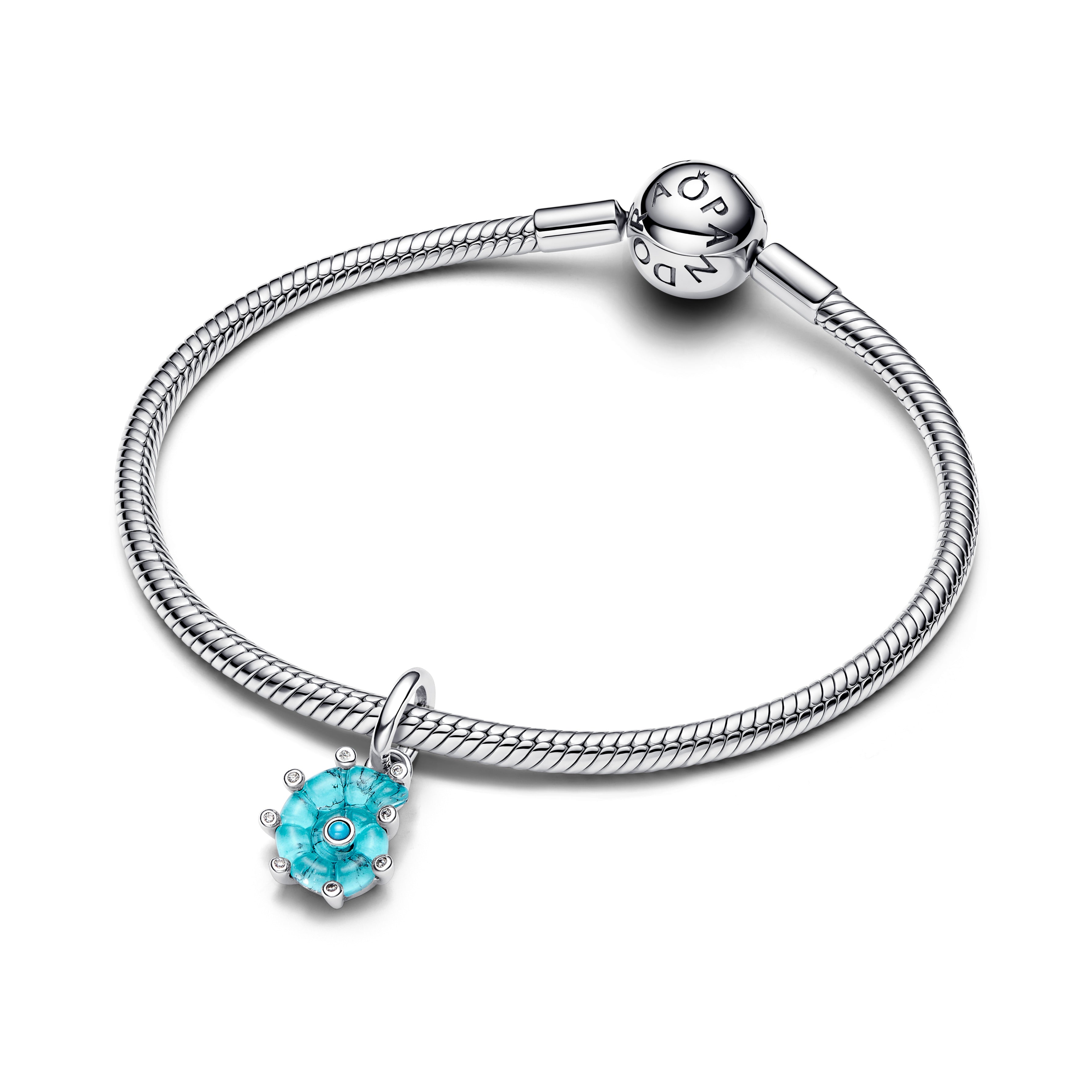 Sea Snail Sterling Silver Dangle With Capri Blue Crystal, Clear Cubic Zirconia, Imitation Turquoise And Murano Glass