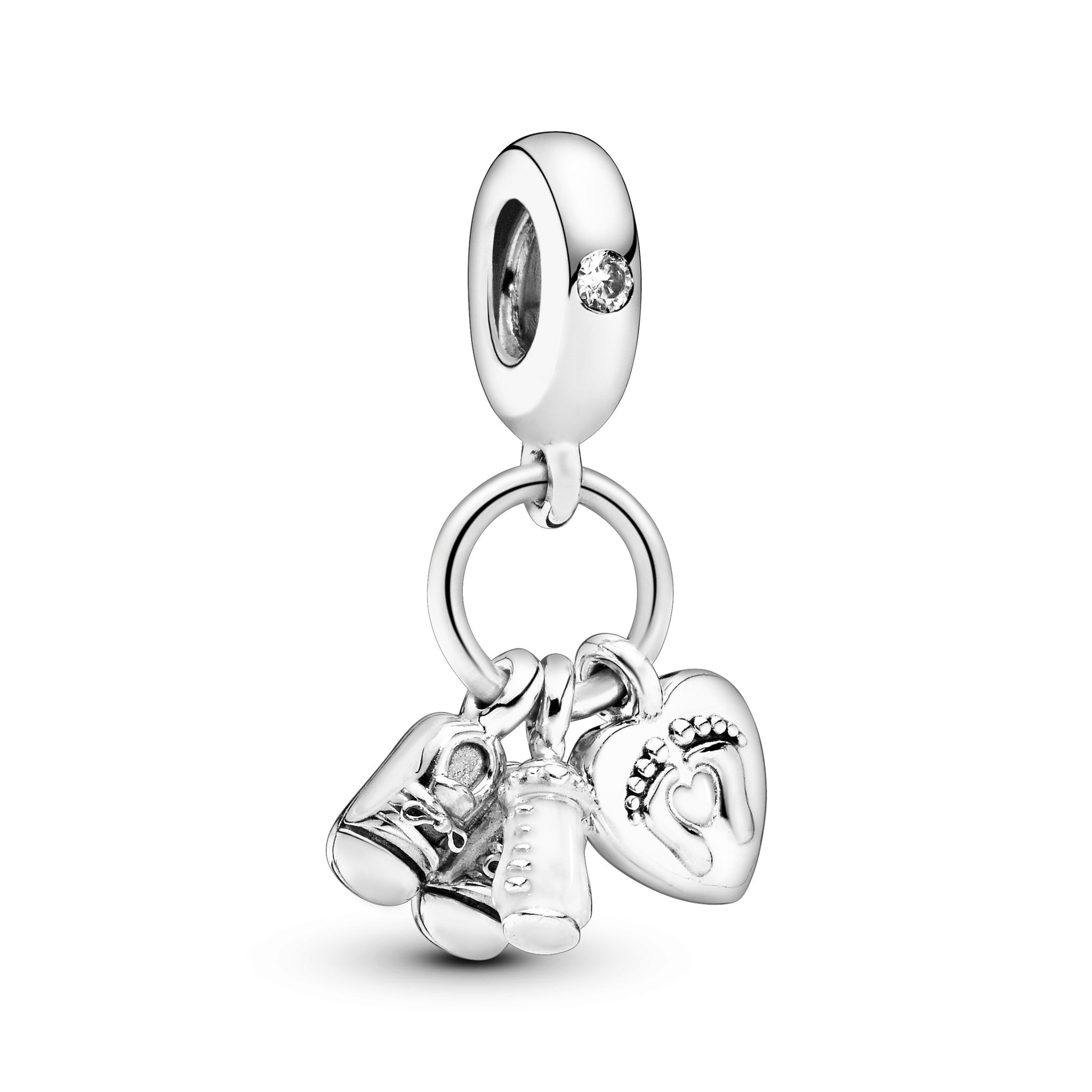 Shoes, Baby Bottle And Heart Silver Dangle With Clear Cubic Zirconia And White Enamel