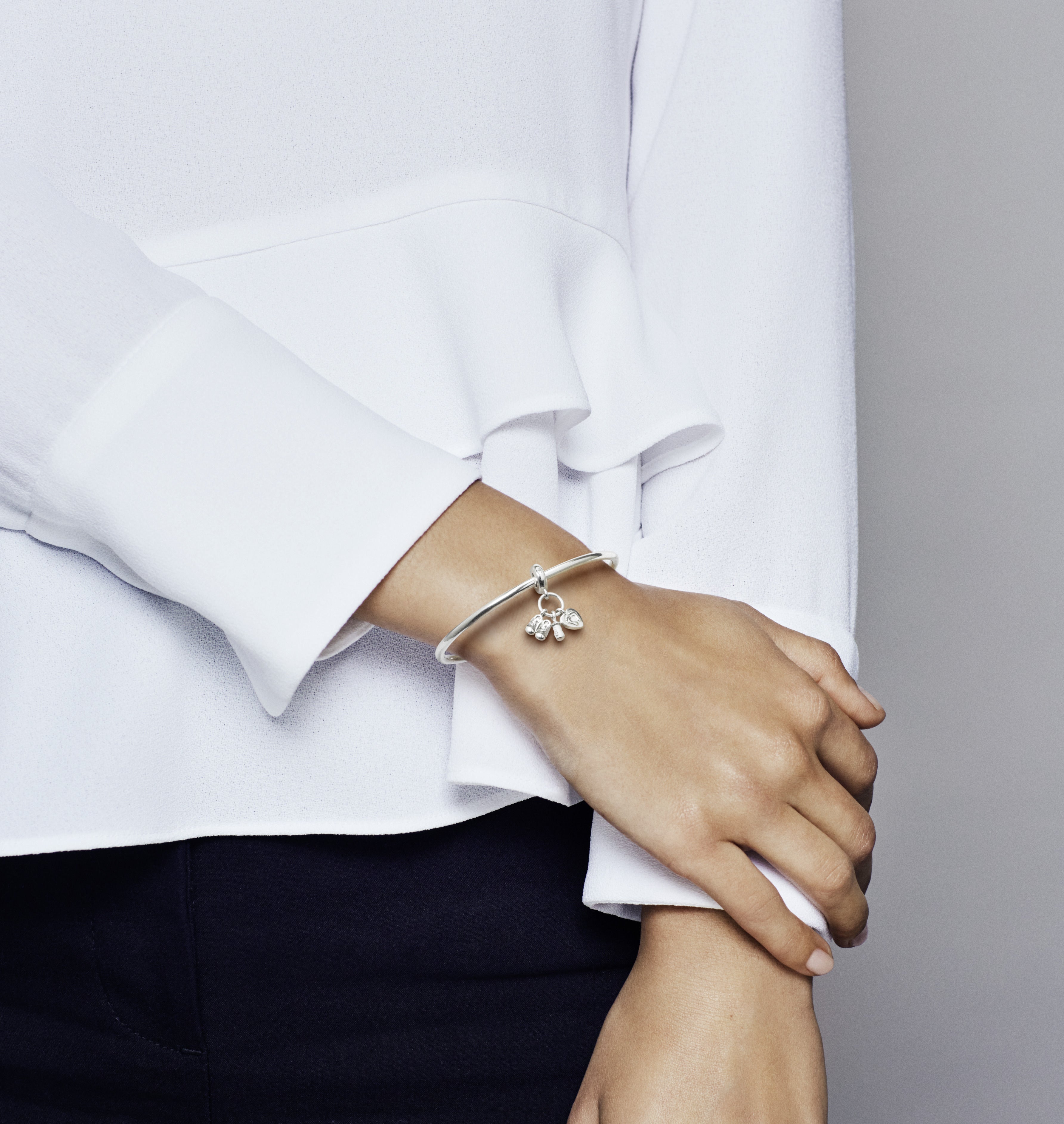 Shoes, Baby Bottle And Heart Silver Dangle With Clear Cubic Zirconia And White Enamel