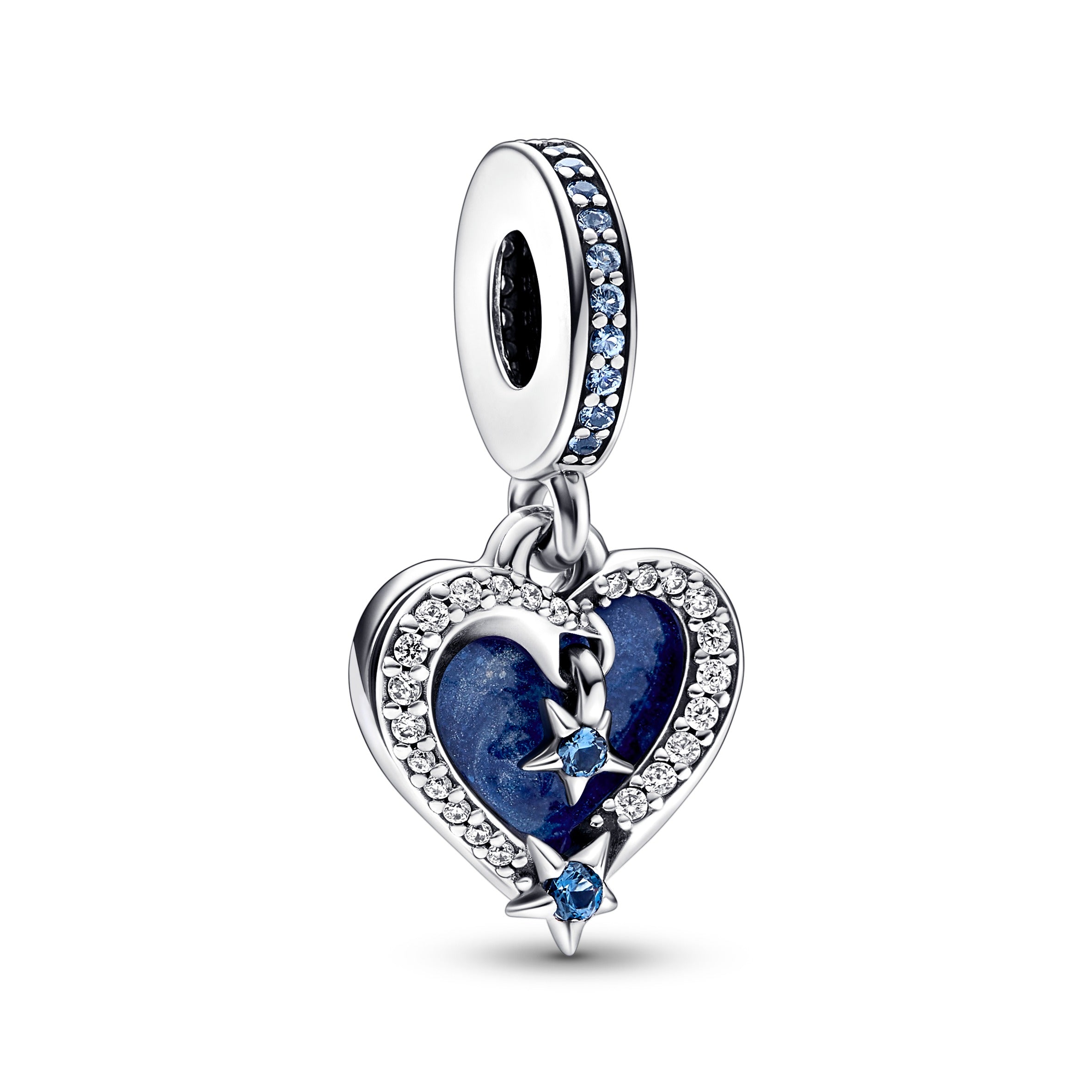 Shooting Stars Heart Sterling Silver Double Dangle With Moonlight Blue Crystal, Clear Cubic Zirconia And Shimmering Light Blue Enamel