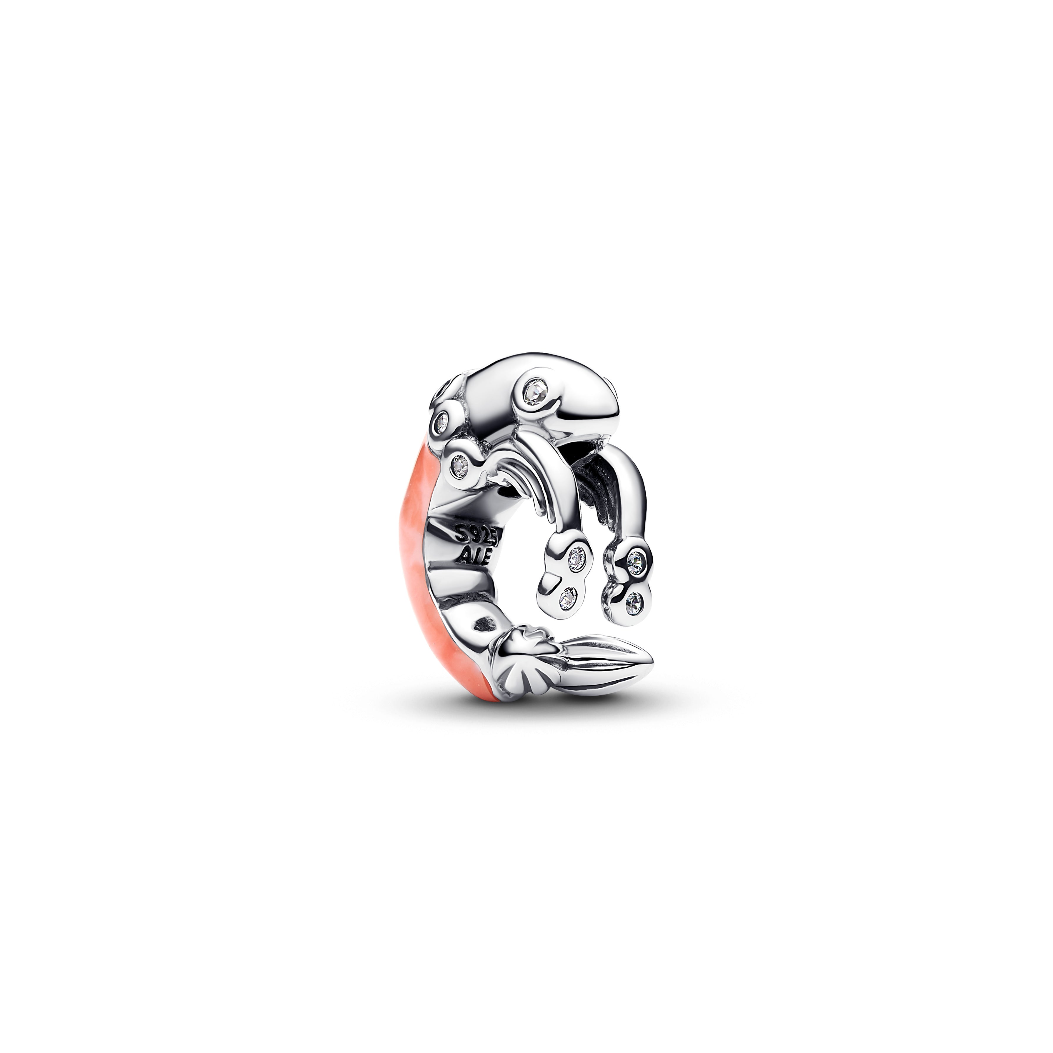 Shrimp Sterling Silver Charm With Clear Cubic Zirconia And Pink Enamel
