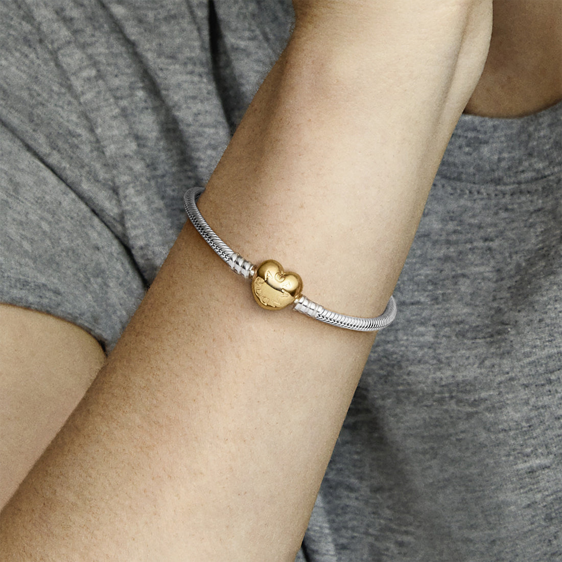Silver Bracelet With Heart-Shaped 14K Gold-Plated Clasp