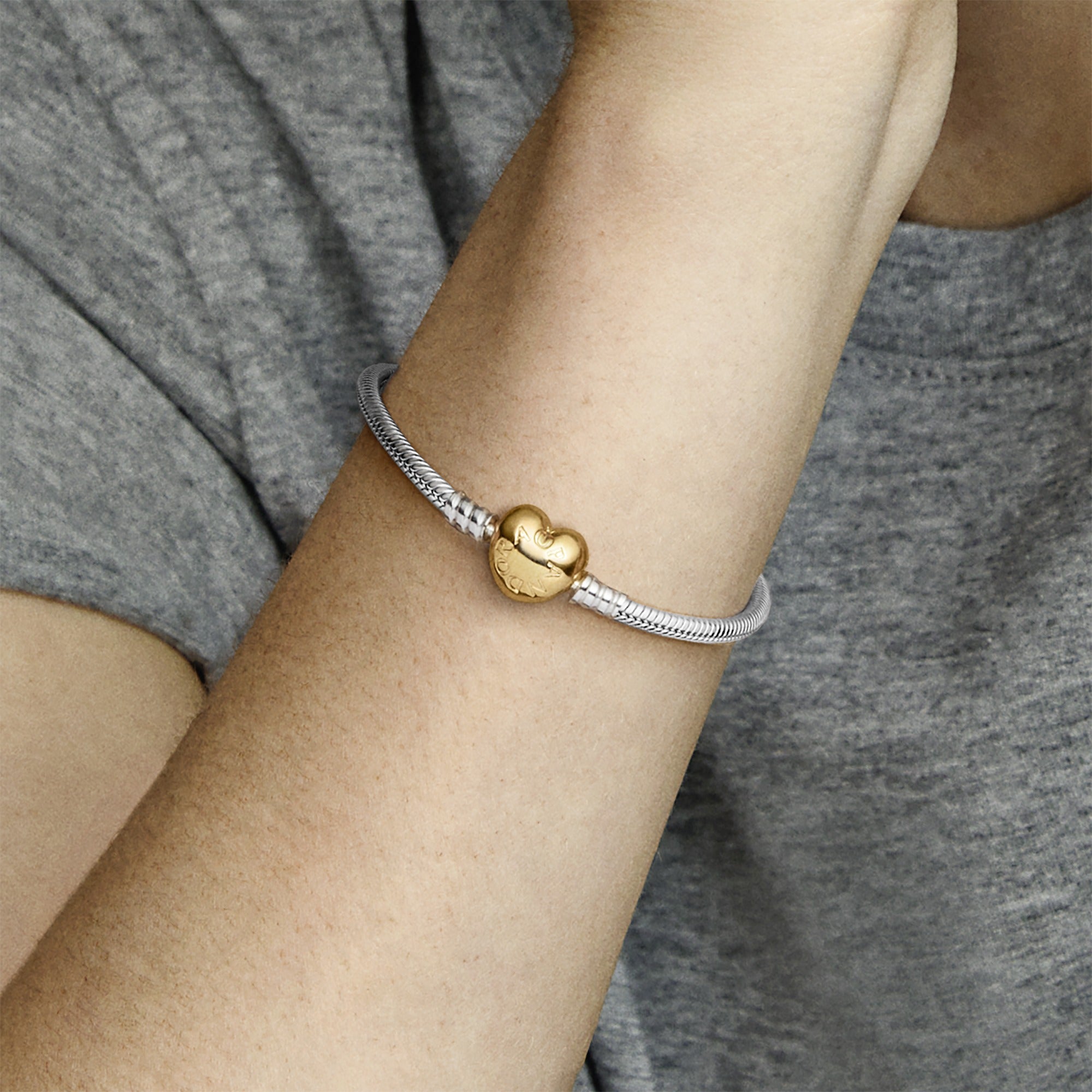 Silver Bracelet With Heart-Shaped 14K Gold-Plated Clasp