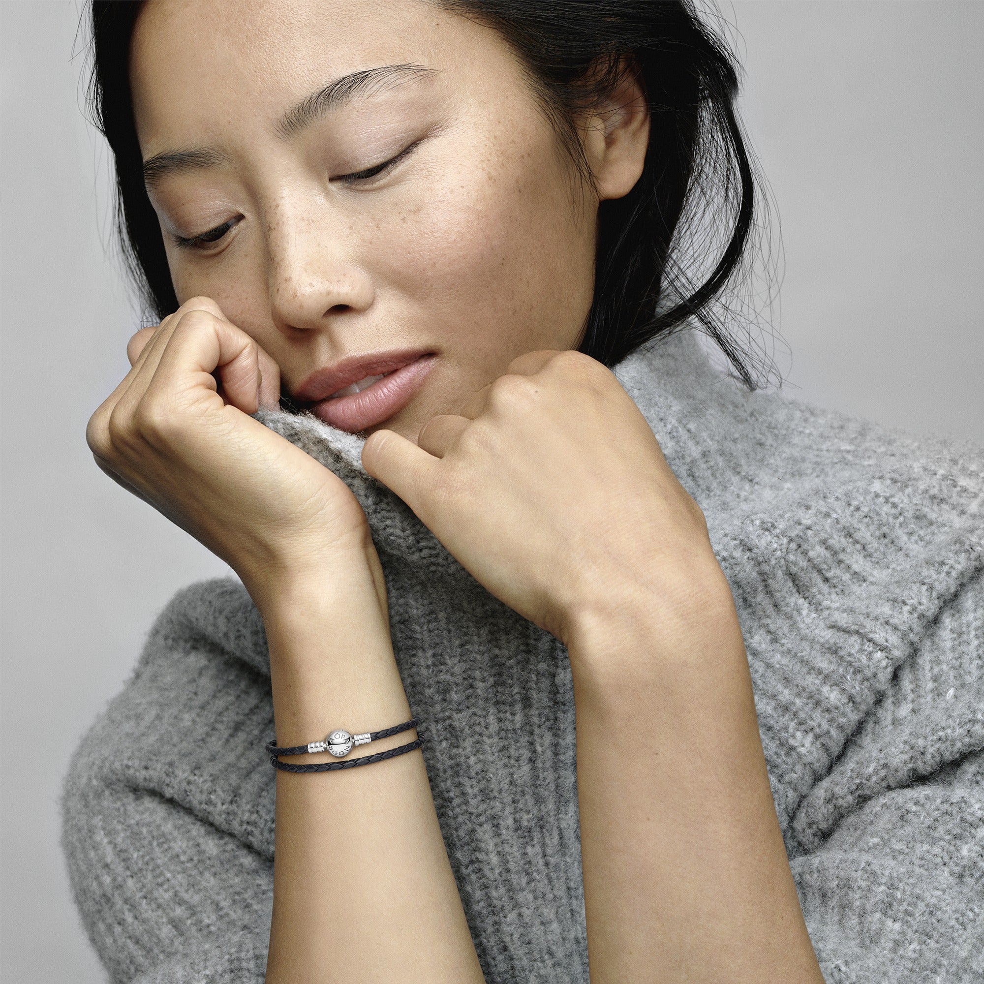 Silver Leather Bracelet, Double, Black
