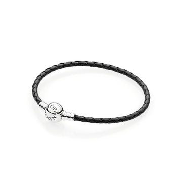 Silver Leather Bracelet, Single, Black