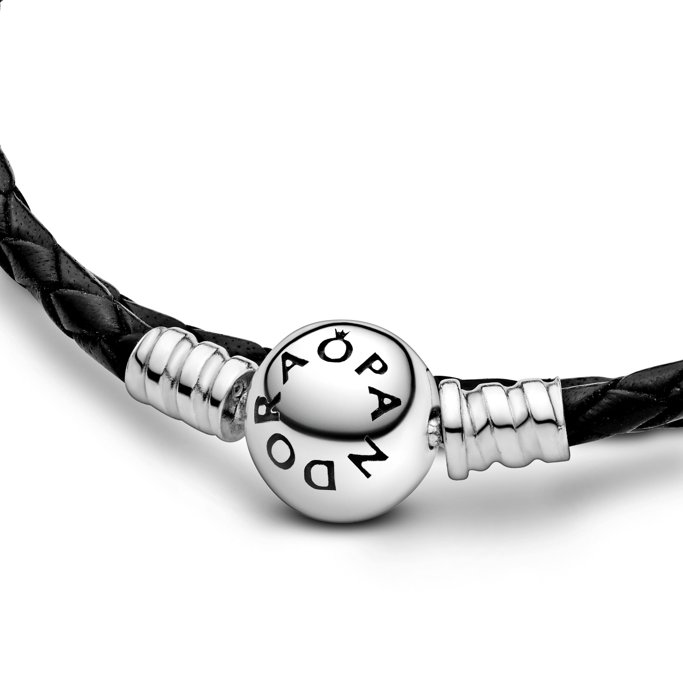 Silver Leather Bracelet, Single, Black