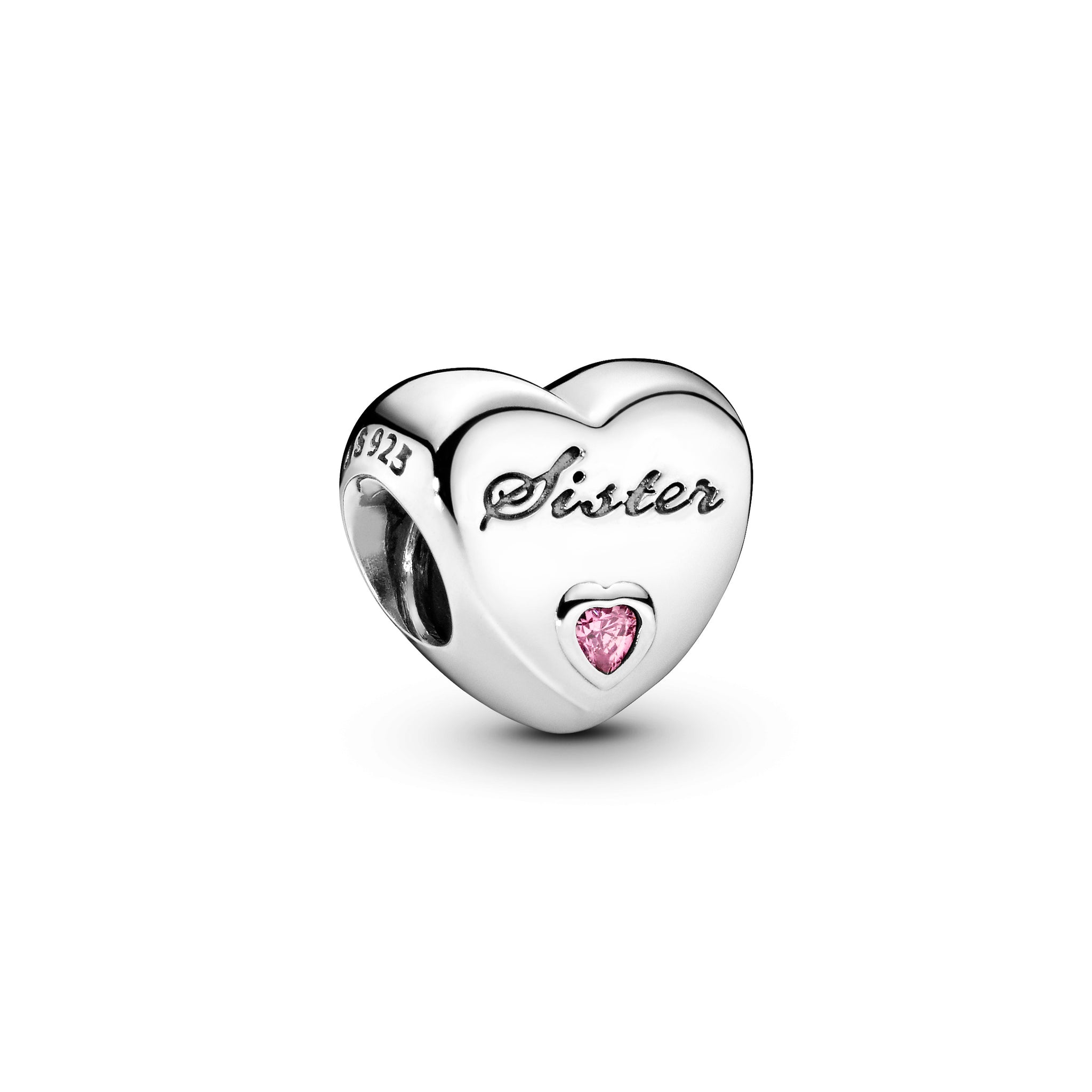 Sister Heart Silver Charm With Pink Cubic Zirconia