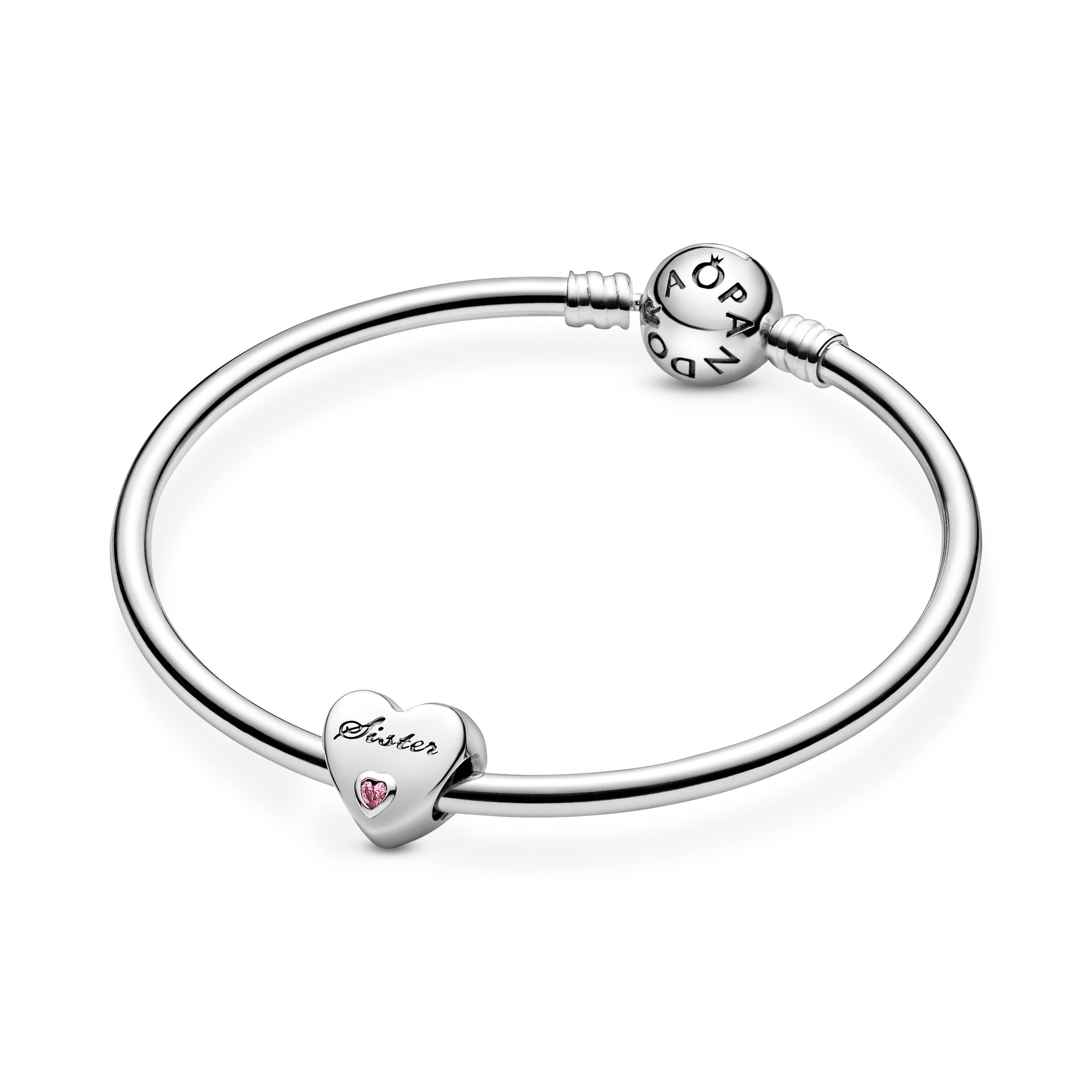 Sister Heart Silver Charm With Pink Cubic Zirconia