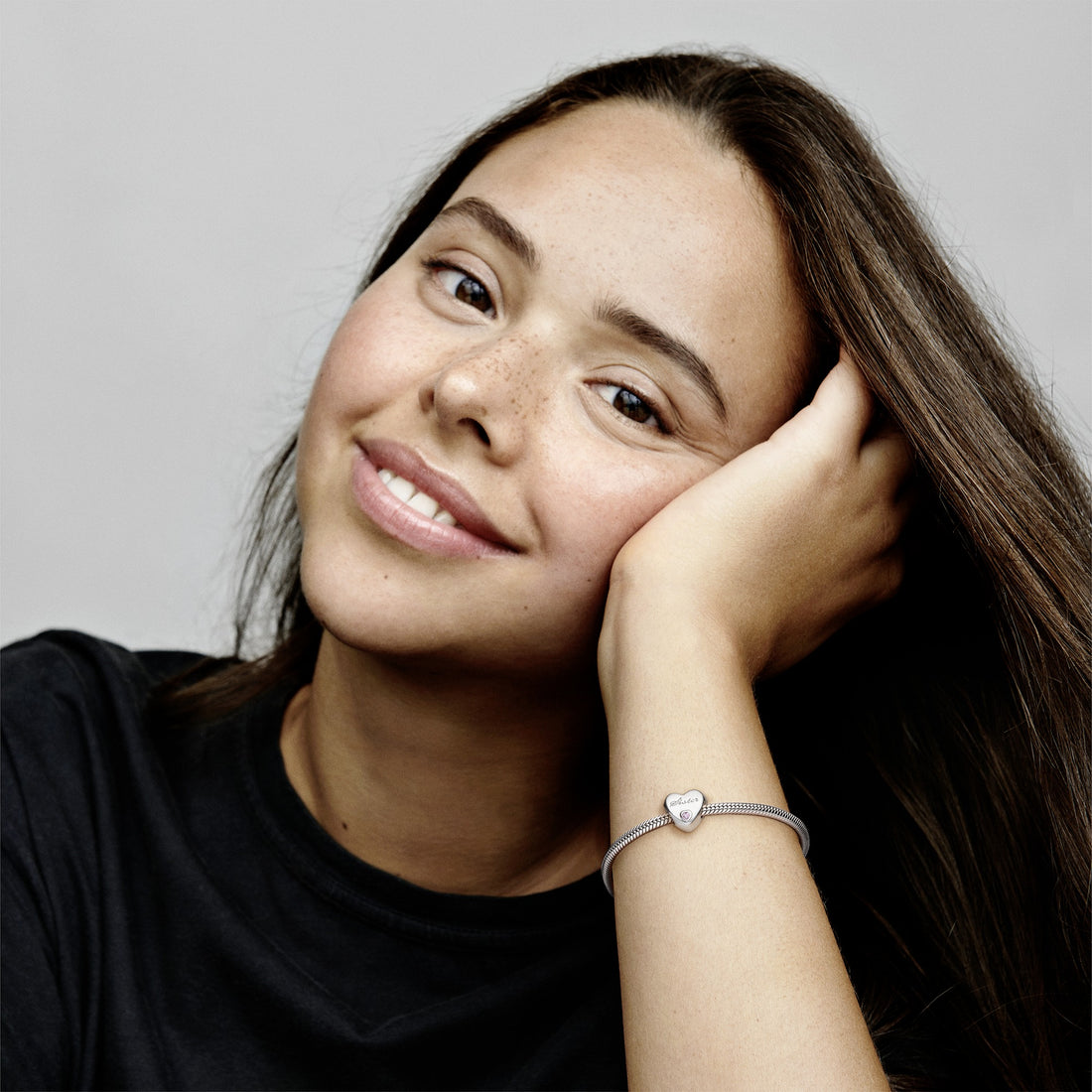 Sister Heart Silver Charm With Pink Cubic Zirconia