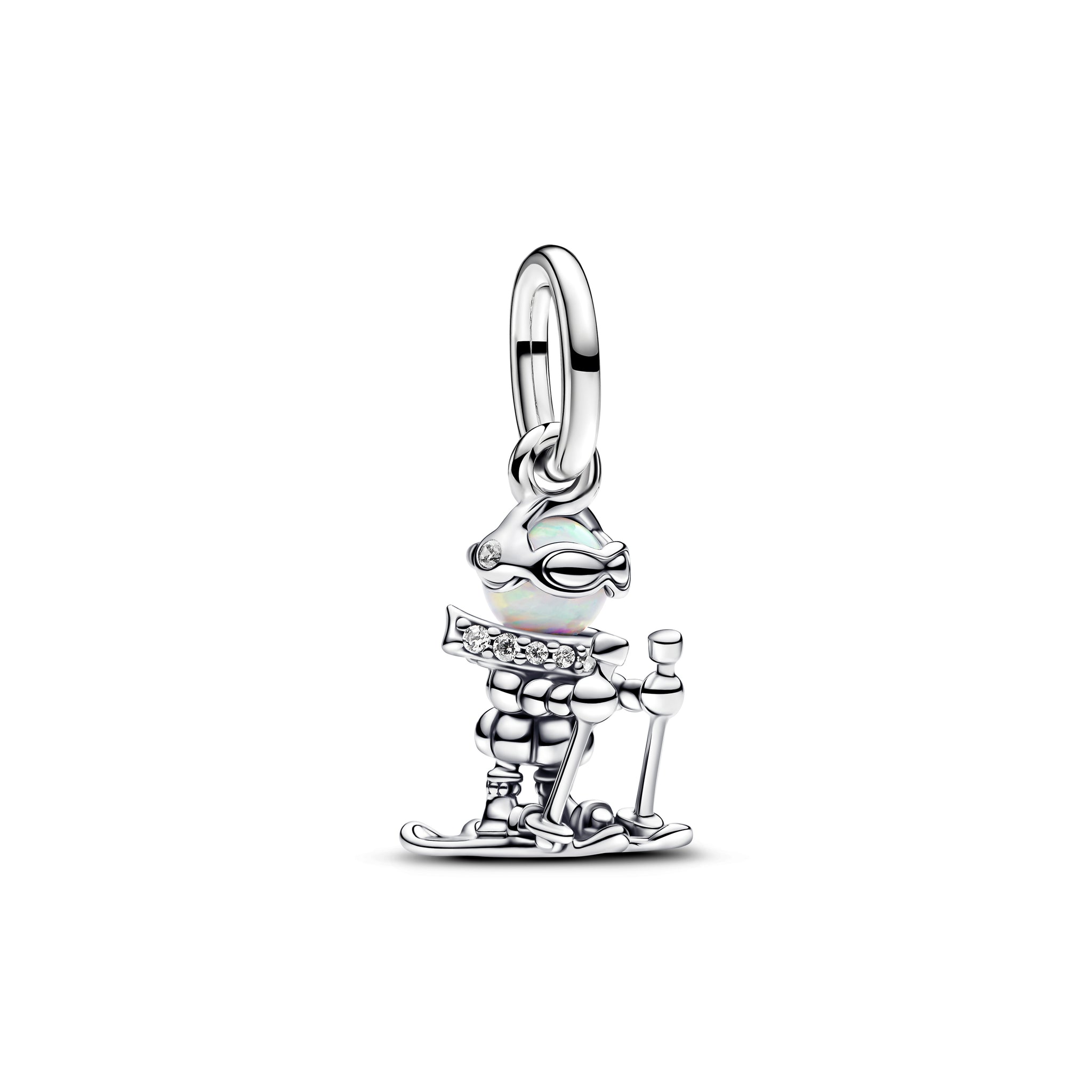 Skier Sterling Silver Dangle With White Lab-Created Opal And Clear Cubic Zirconia