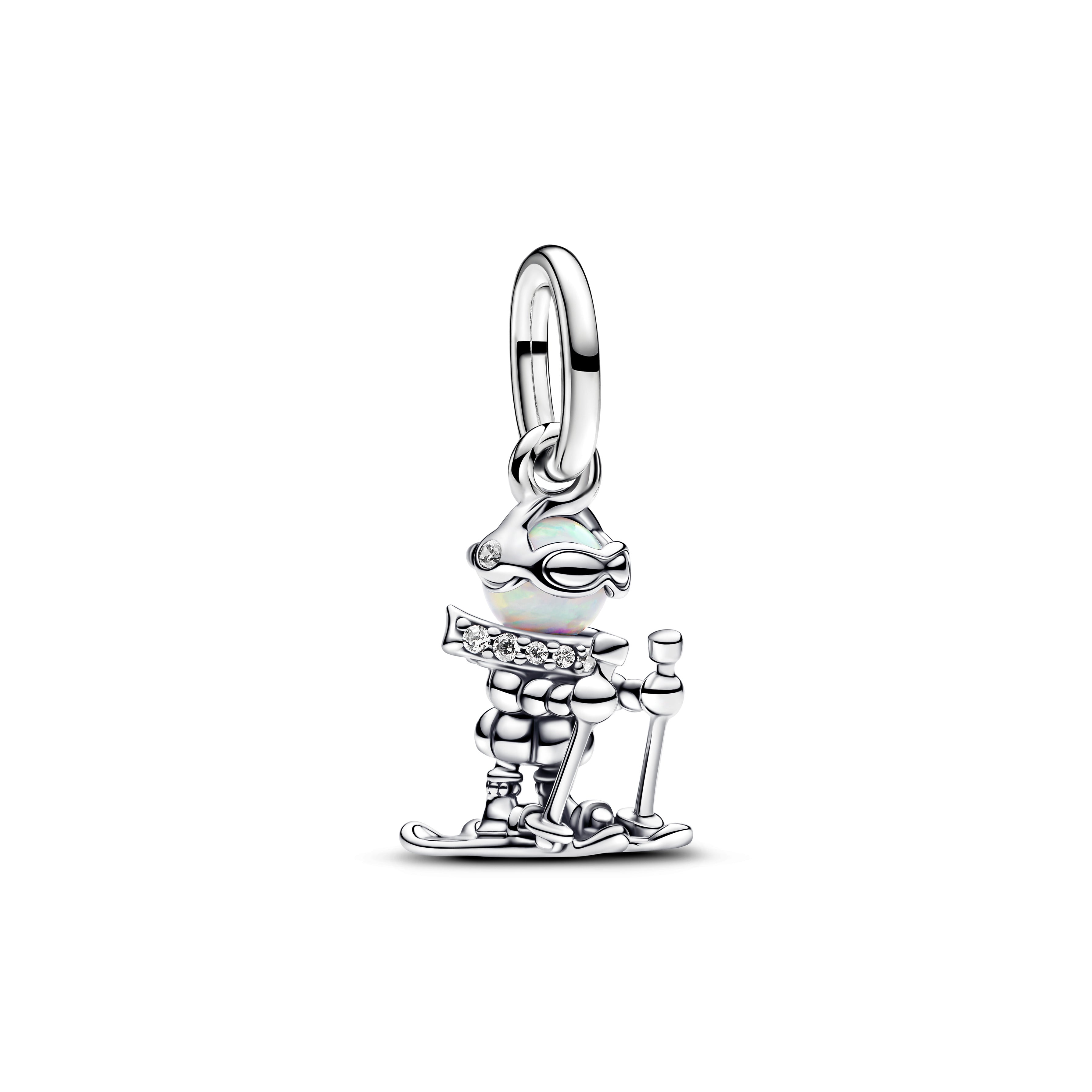Skier Sterling Silver Dangle With White Lab-Created Opal And Clear Cubic Zirconia