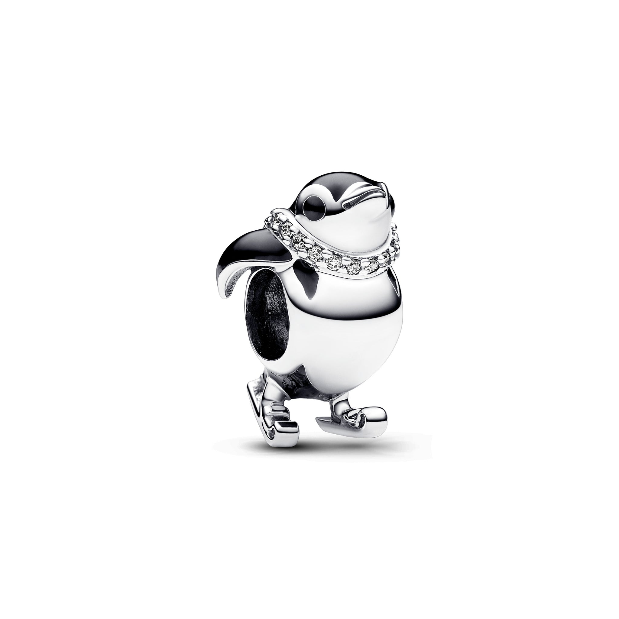 Skiing Penguin Sterling Silver Charm With Clear Cubic Zirconia And Black Enamel