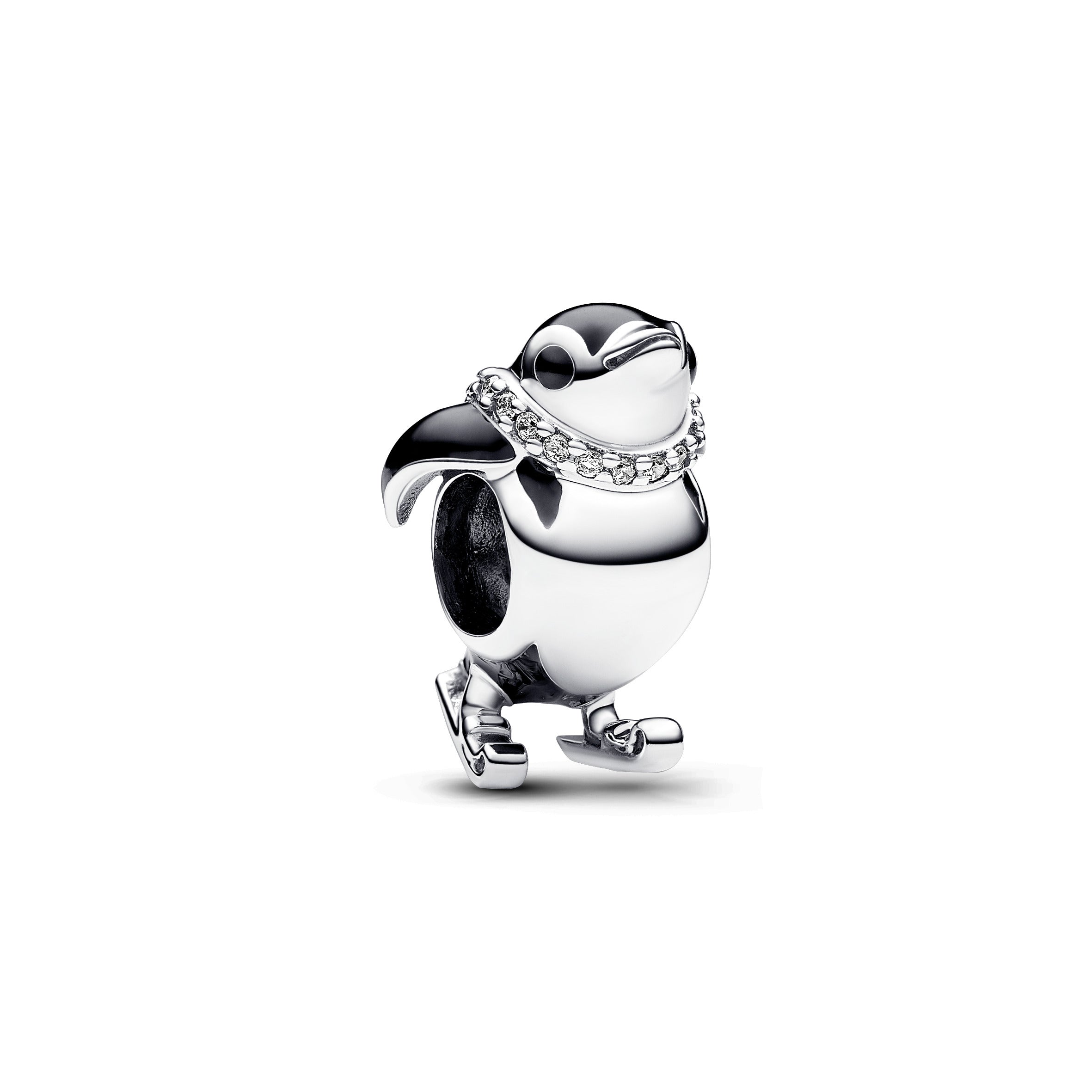 Skiing Penguin Sterling Silver Charm With Clear Cubic Zirconia And Black Enamel