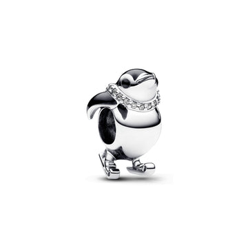 Skiing Penguin Sterling Silver Charm With Clear Cubic Zirconia And Black Enamel
