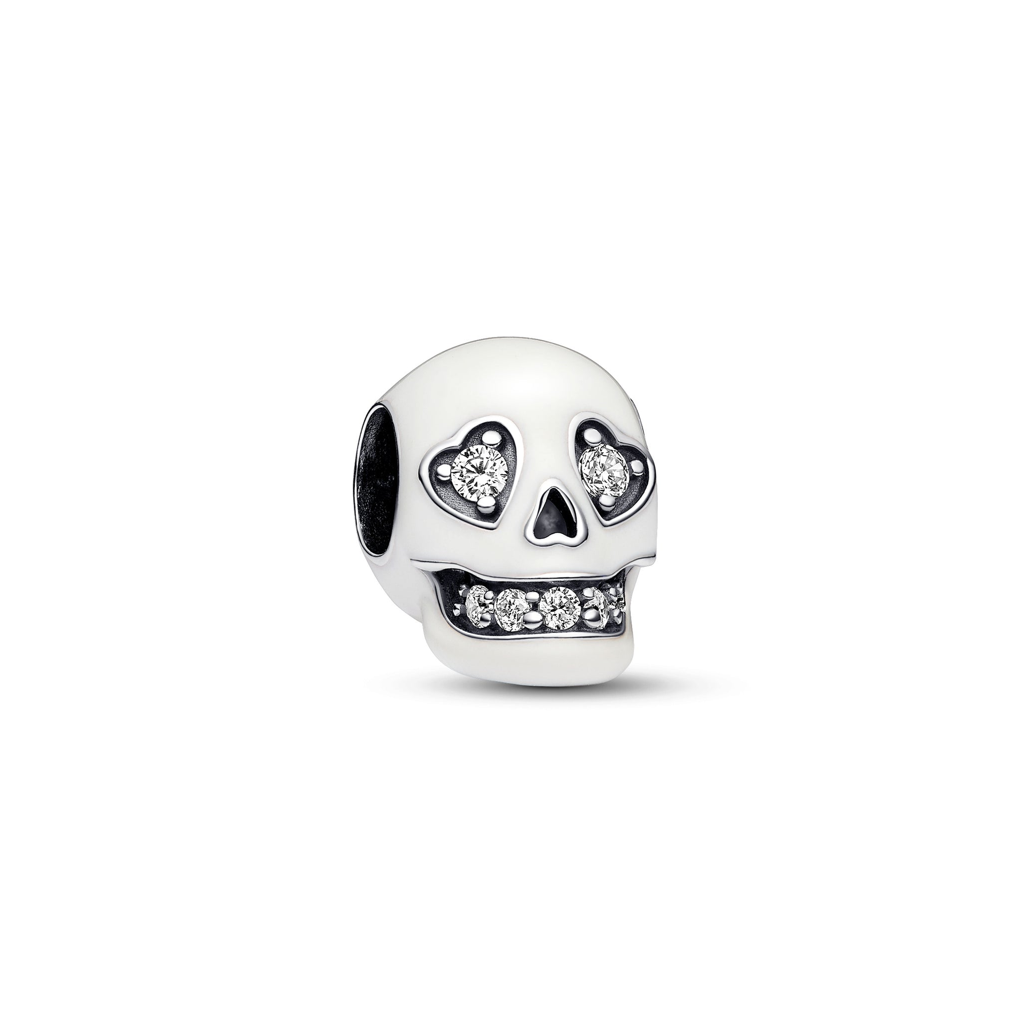 Skull Sterling Silver Charm With Clear Cubic Zirconia And White Glow In The Dark Enamel