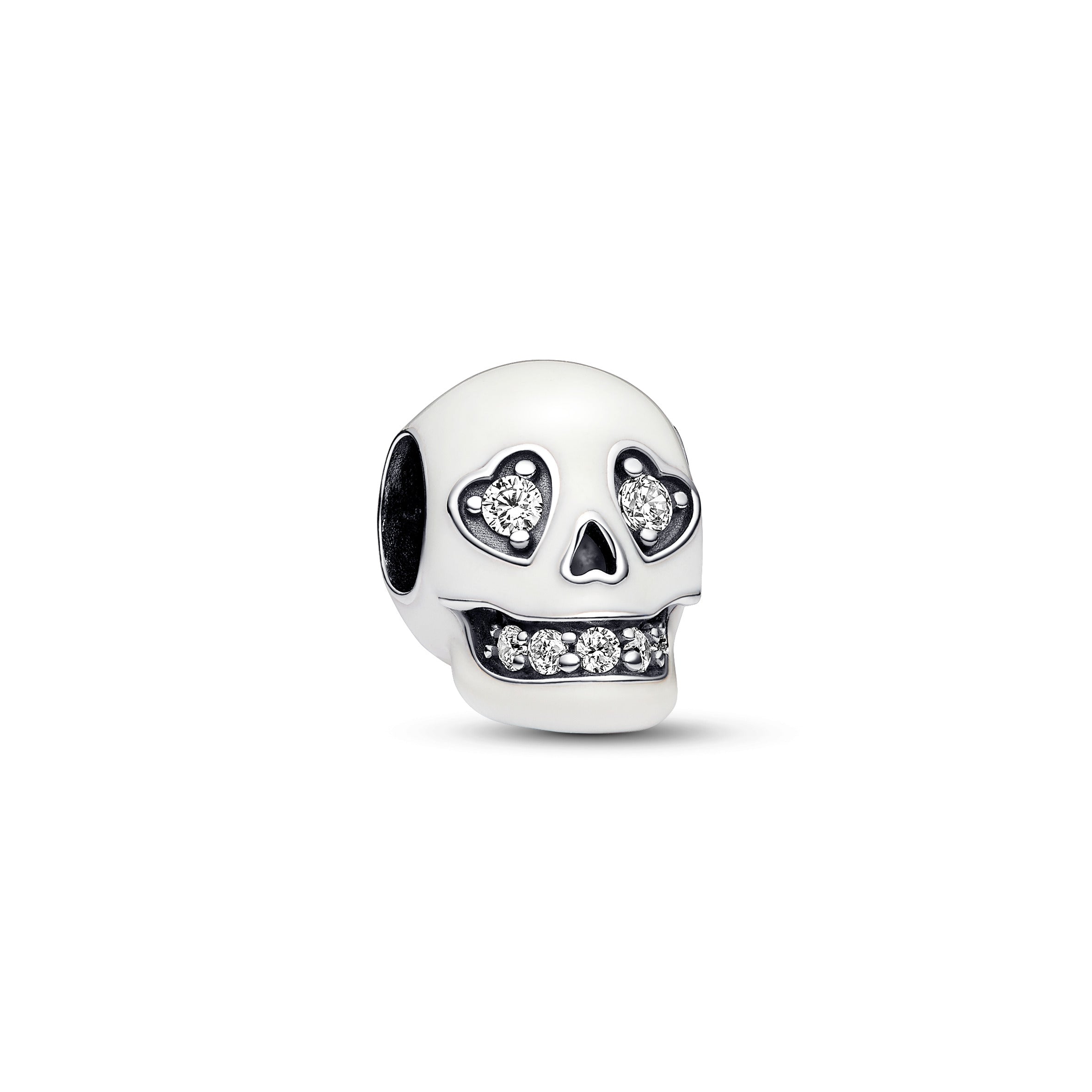 Skull Sterling Silver Charm With Clear Cubic Zirconia And White Glow In The Dark Enamel