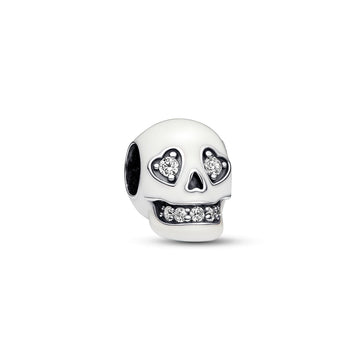 Skull Sterling Silver Charm With Clear Cubic Zirconia And White Glow In The Dark Enamel