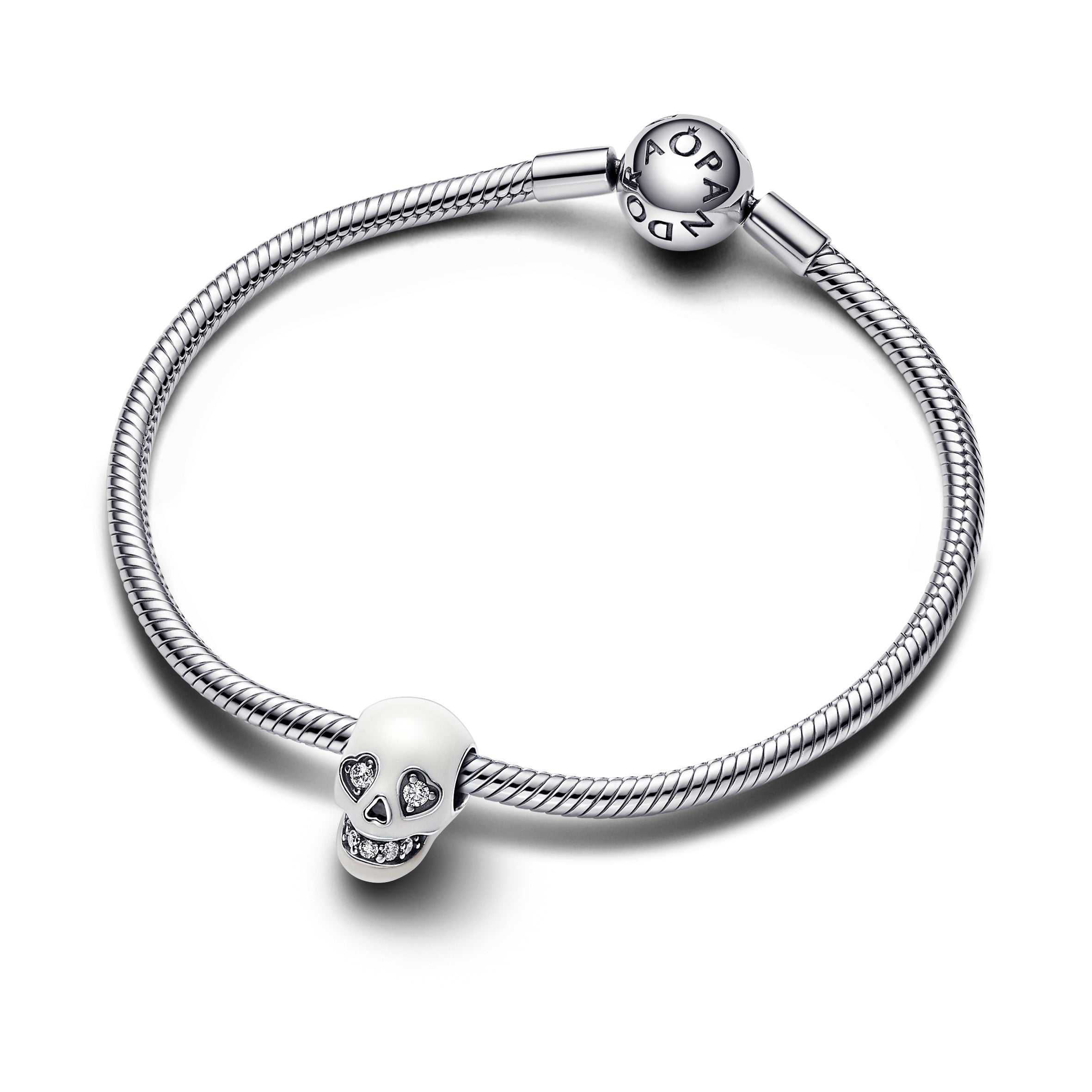 Skull Sterling Silver Charm With Clear Cubic Zirconia And White Glow In The Dark Enamel