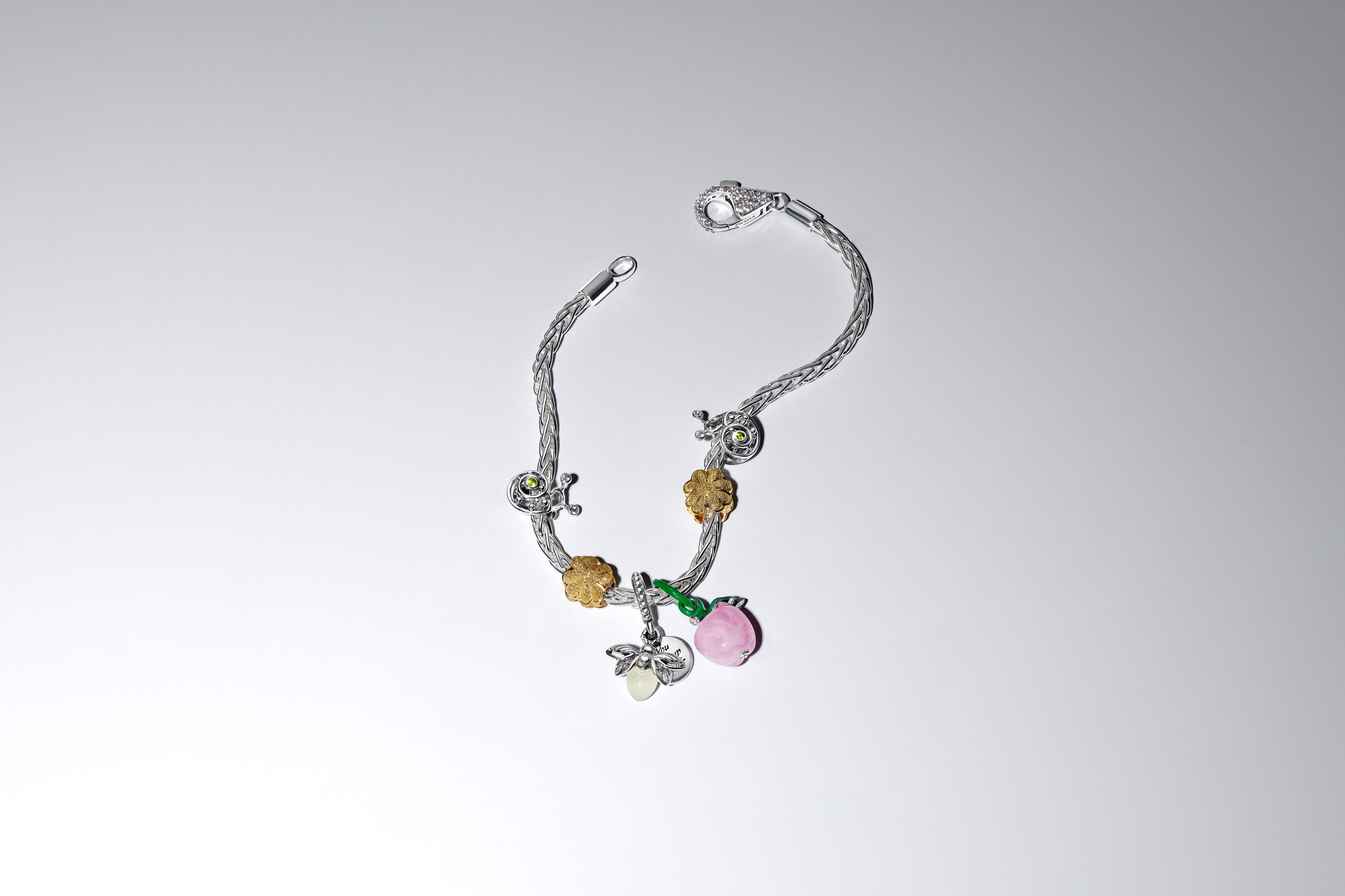 Snail Sterling Silver Charm With Light Green Crystal And Clear Cubic Zirconia