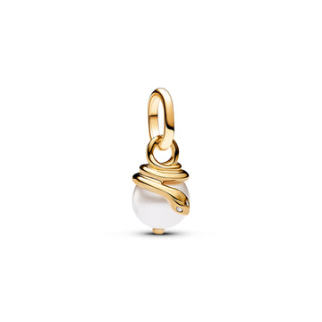 Snake 14K Gold-Plated Mini Dangle With White Lacquered Artificial Pearl And Clear Cubic Zirconia