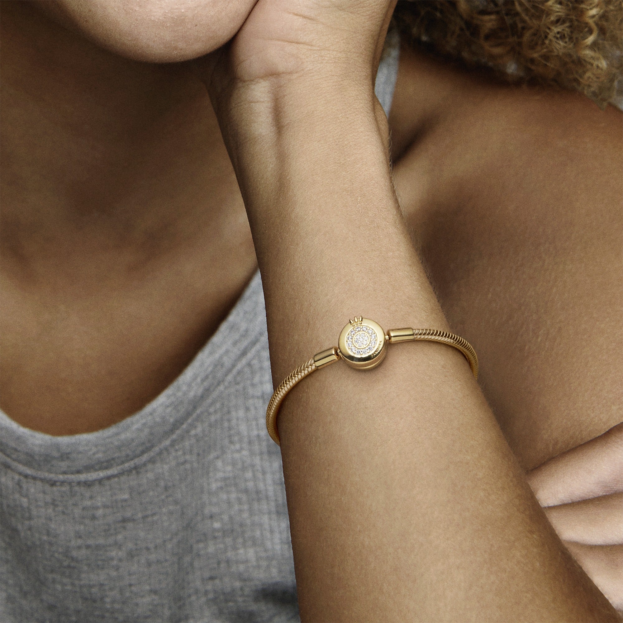 Snake Chain 14K Gold-Plated Bracelet And Crown O Clasp With Clear Cubic Zirconia