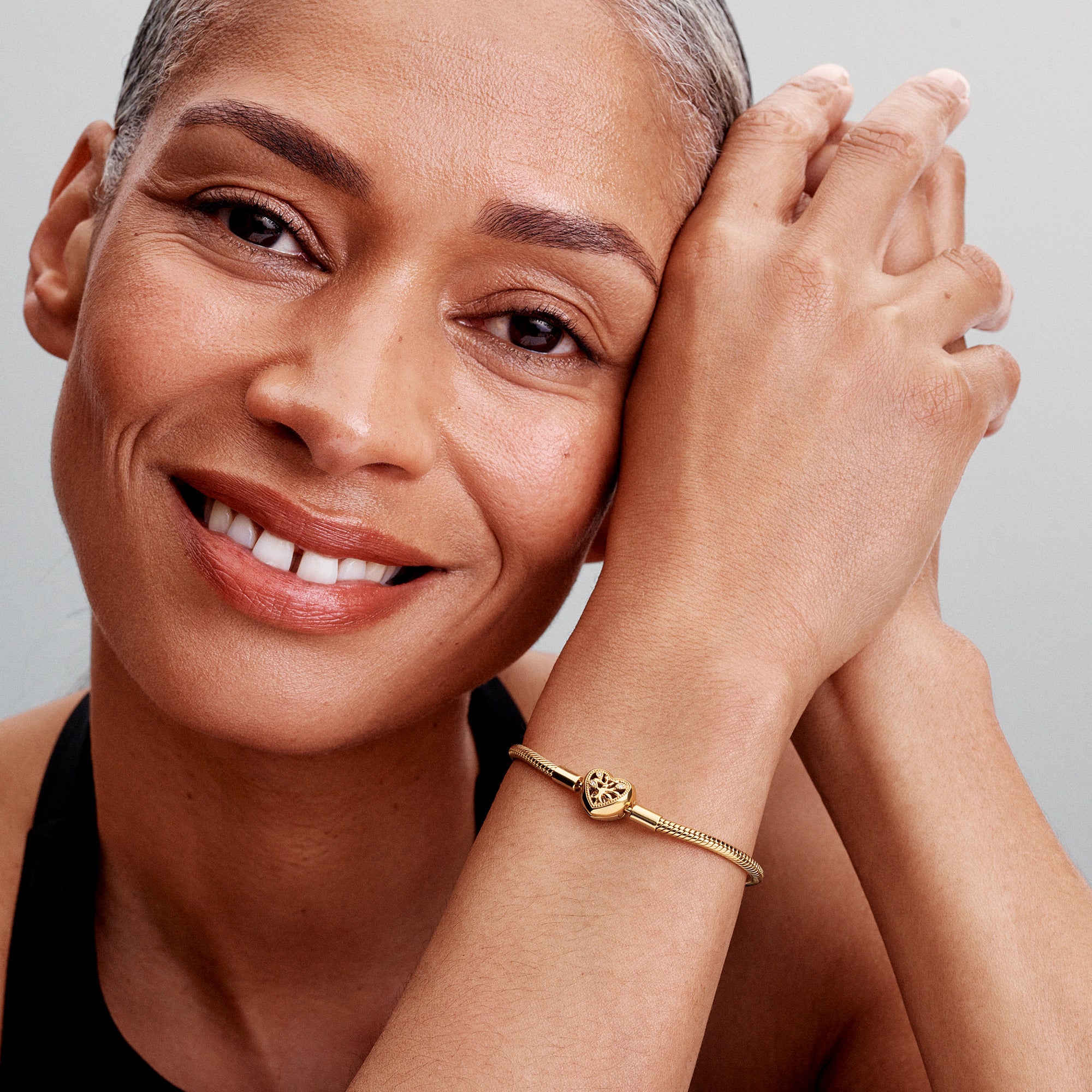 Snake Chain 14K Gold-Plated Bracelet And Heart Clasp With Clear Cubic Zirconia And Black Enamel