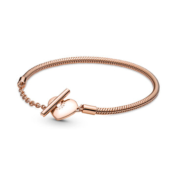 Snake Chain 14K Rose Gold-Plated T-Bar Heart Bracelet