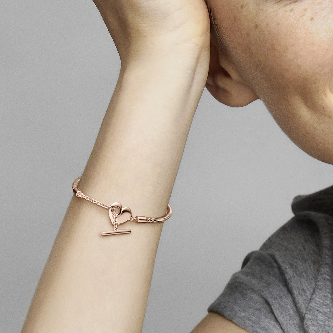 Snake Chain 14K Rose Gold-Plated T-Bar Heart Bracelet