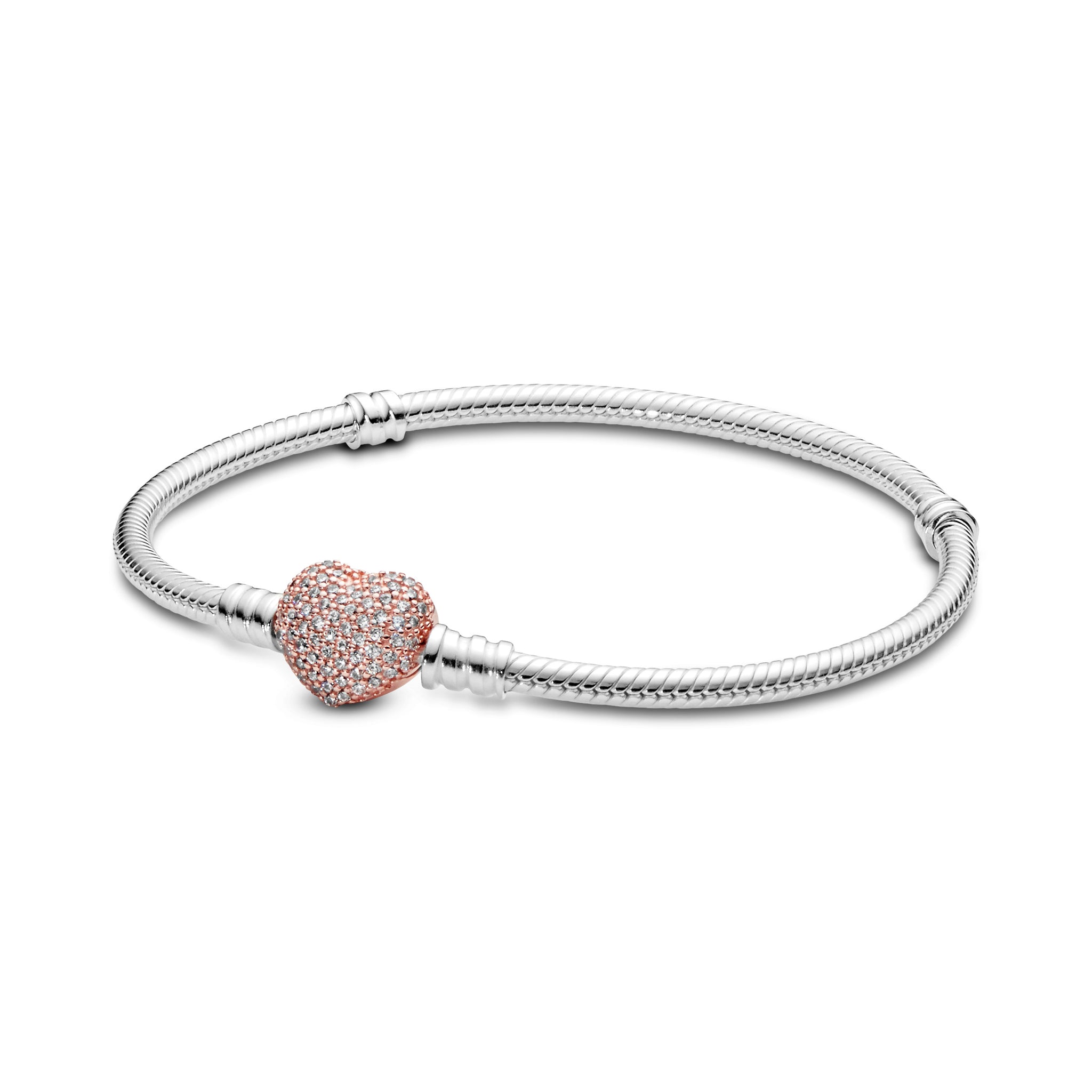 Snake Chain Silver Bracelet With 14K Rose Gold-Plated Heart Clasp And Clear Cubic Zirconia