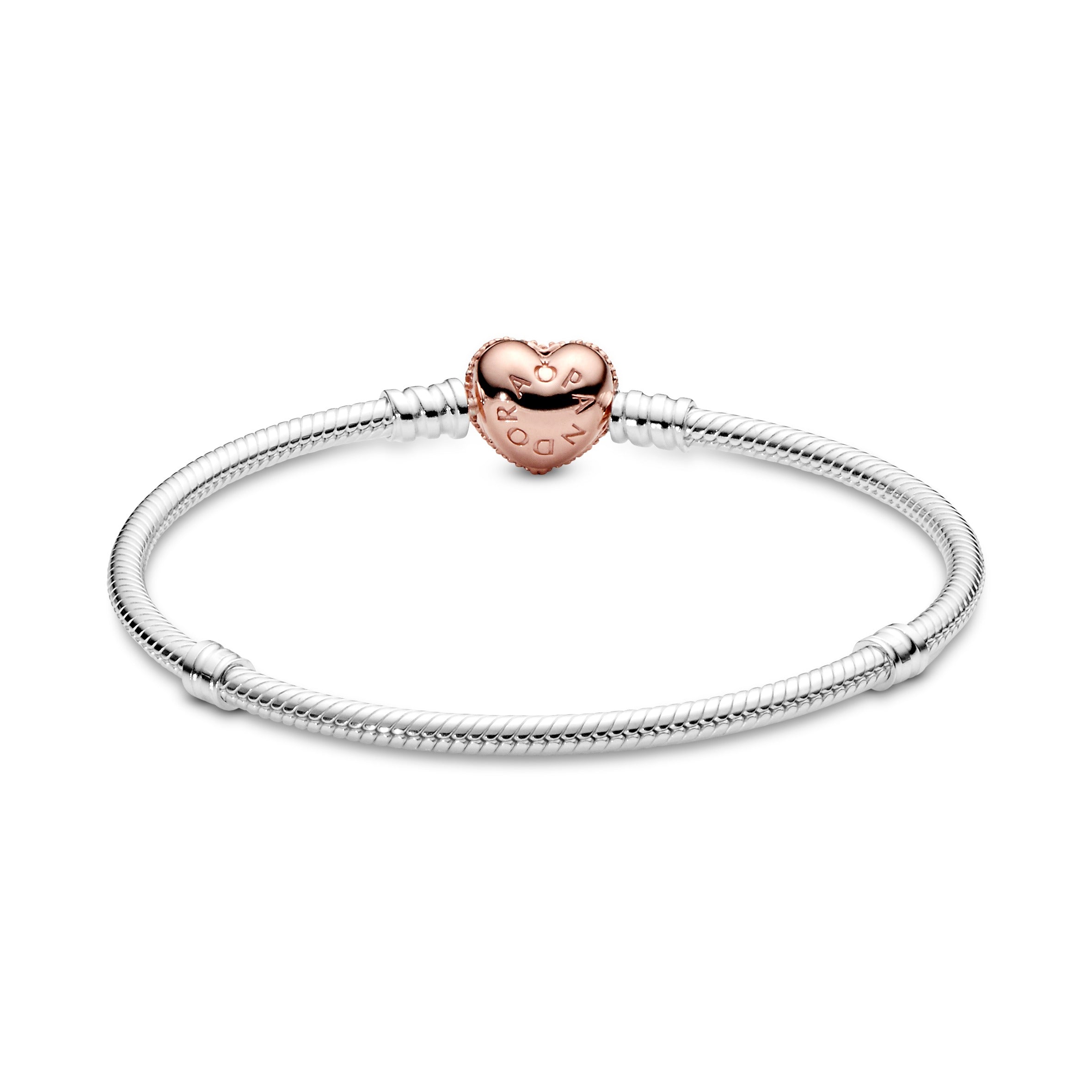 Snake Chain Silver Bracelet With 14K Rose Gold-Plated Heart Clasp And Clear Cubic Zirconia