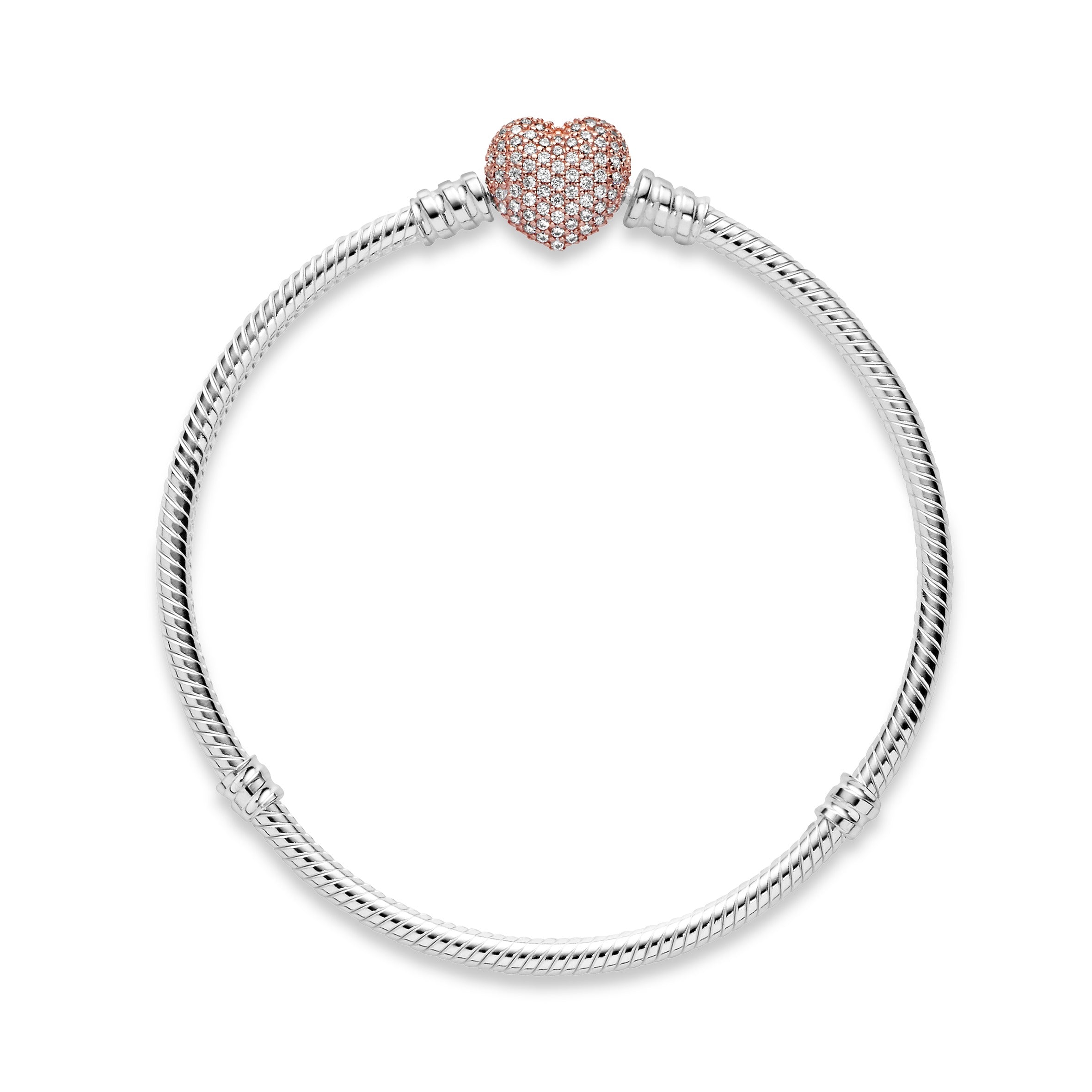Snake Chain Silver Bracelet With 14K Rose Gold-Plated Heart Clasp And Clear Cubic Zirconia