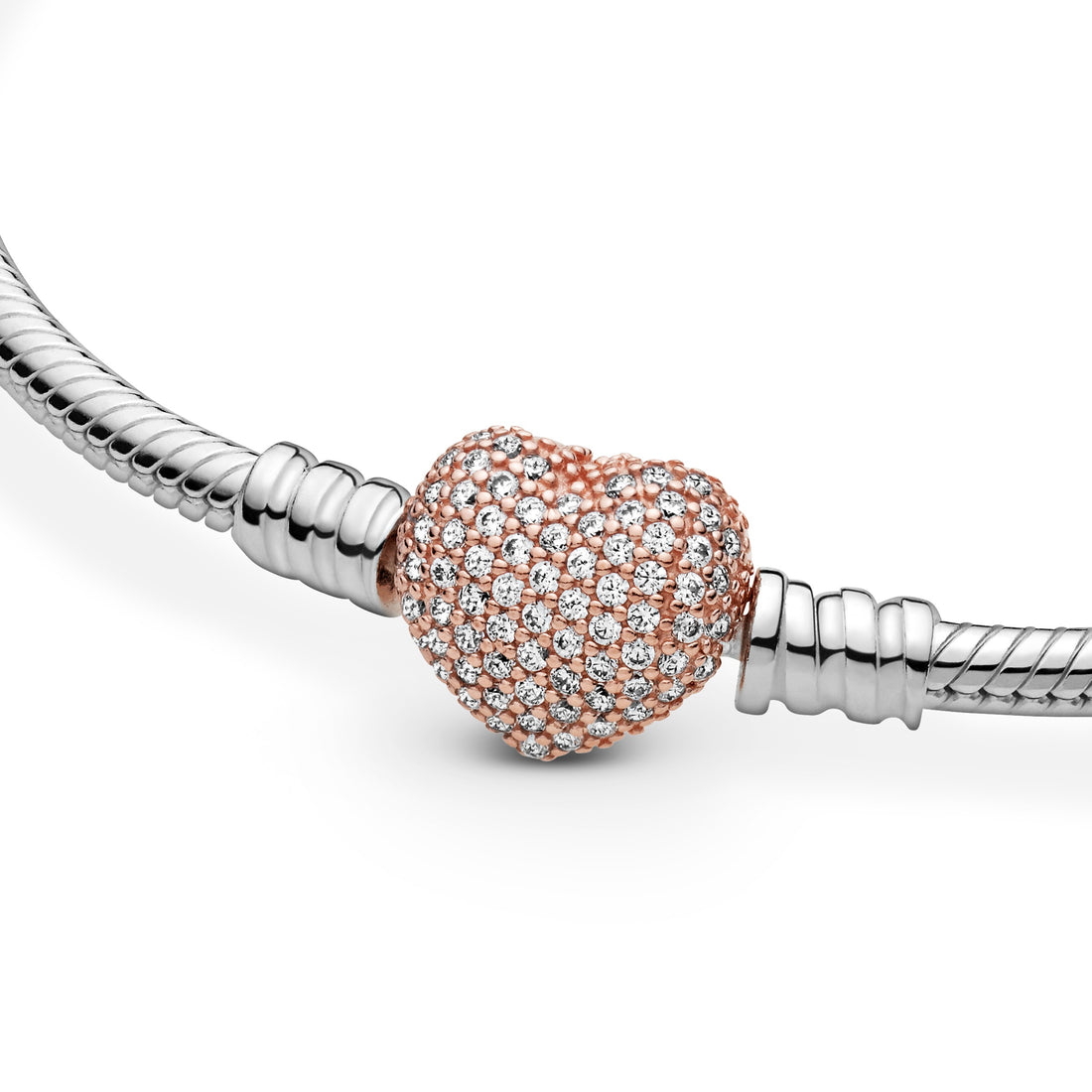 Snake Chain Silver Bracelet With 14K Rose Gold-Plated Heart Clasp And Clear Cubic Zirconia