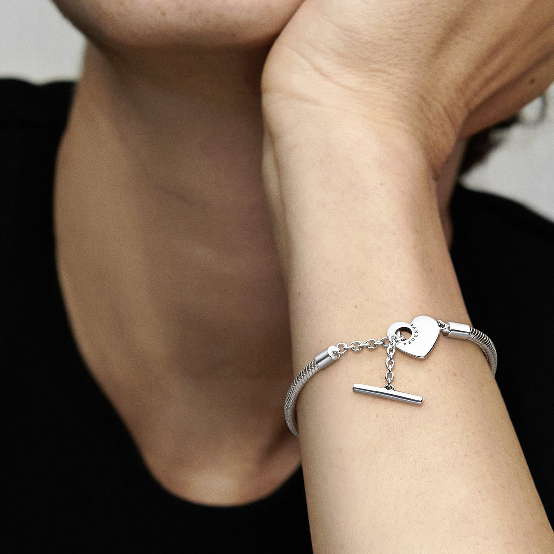 Snake Chain Sterling Silver T-Bar Heart Bracelet