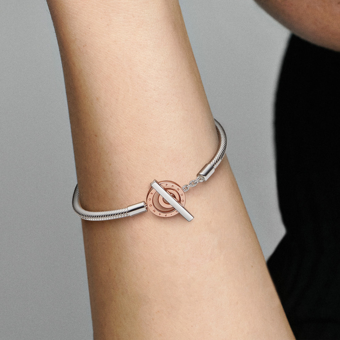 Snake Chain Sterling Silver And 14K Rose Gold-Plated Toggle Bracelet