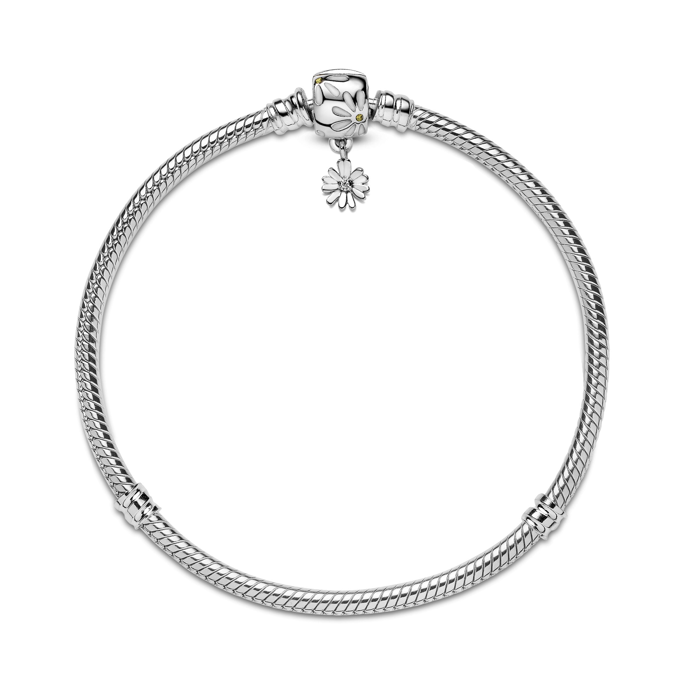 Snake Chain Sterling Silver Bracelet And Daisy Clasp With Yellow Crystal, Clear Cubic Zirconia And White Enamel