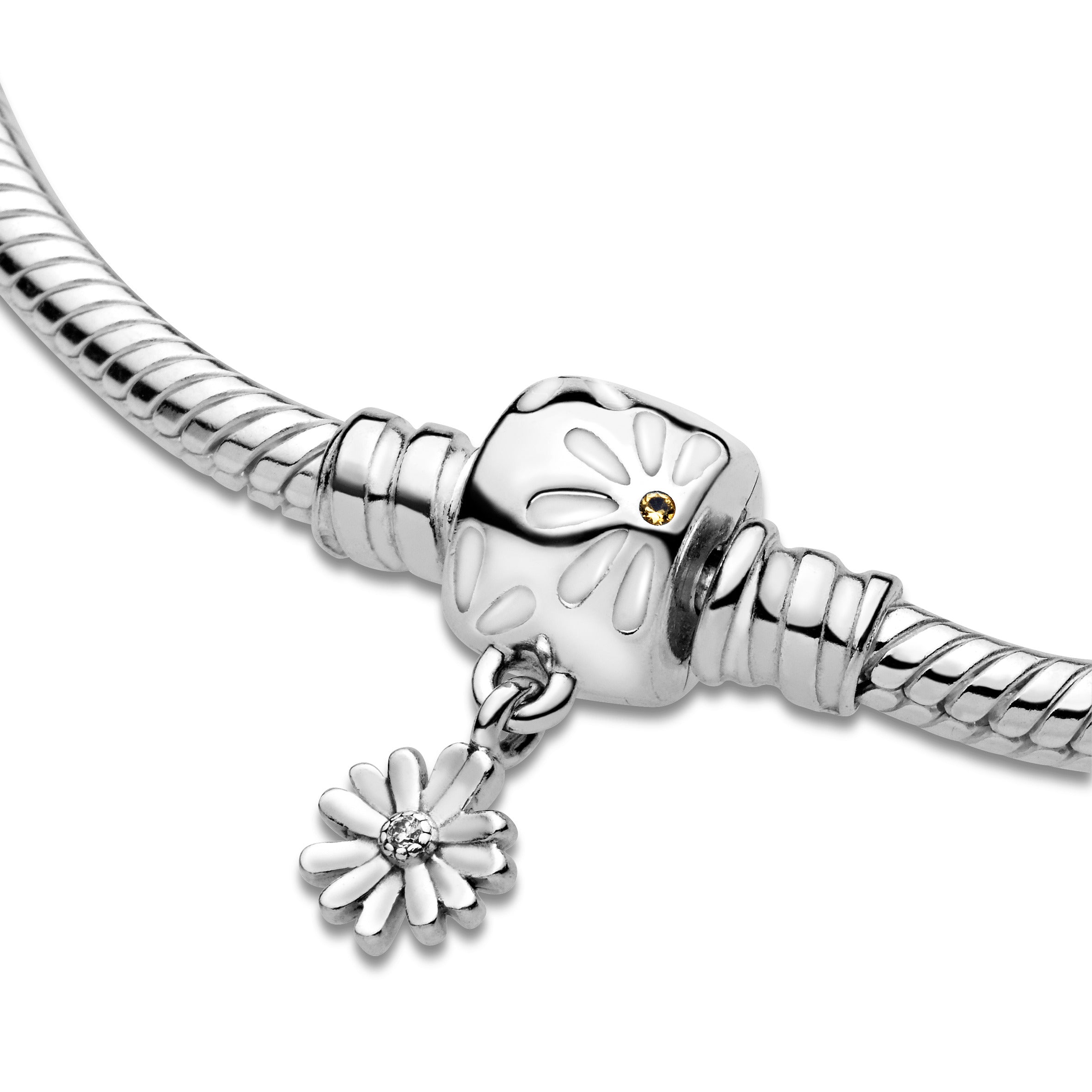 Snake Chain Sterling Silver Bracelet And Daisy Clasp With Yellow Crystal, Clear Cubic Zirconia And White Enamel