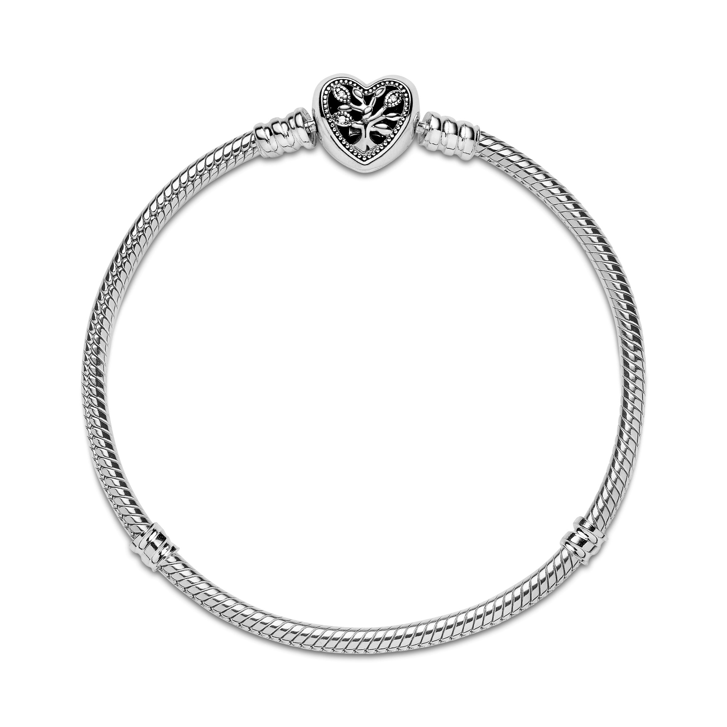 Snake Chain Sterling Silver Bracelet And Heart Clasp With Clear Cubic Zirconia And Black Enamel