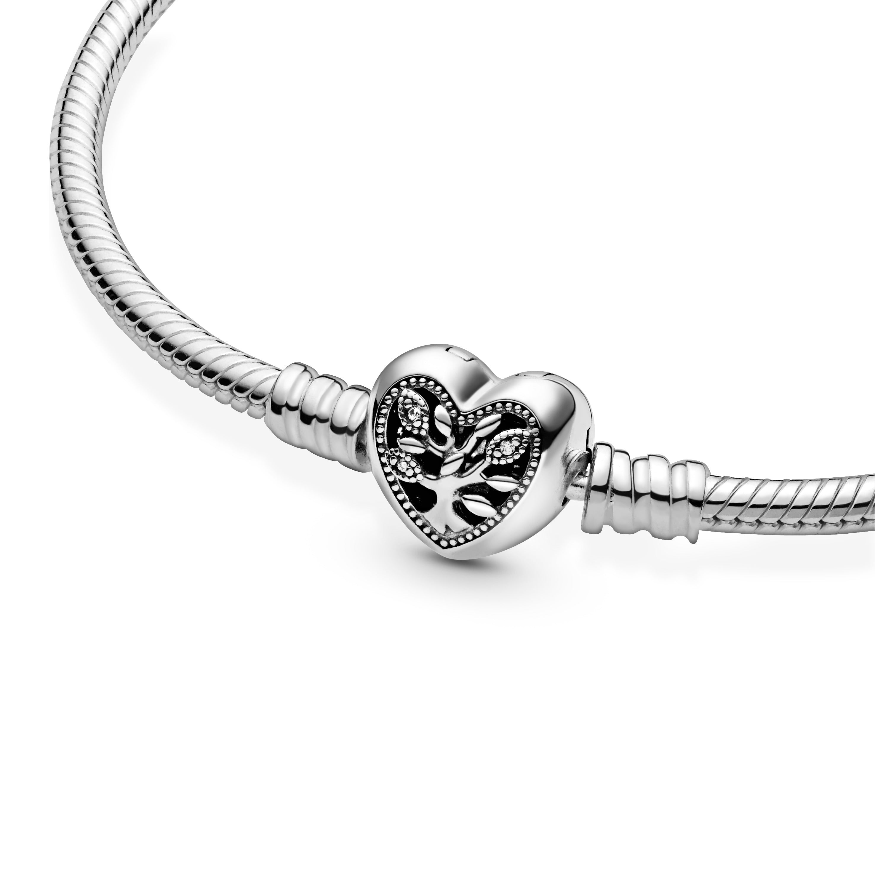 Snake Chain Sterling Silver Bracelet And Heart Clasp With Clear Cubic Zirconia And Black Enamel