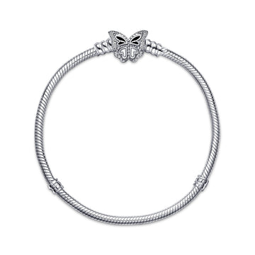 Snake Chain Sterling Silver Bracelet With Butterfly Clasp With Clear Cubic Zirconia