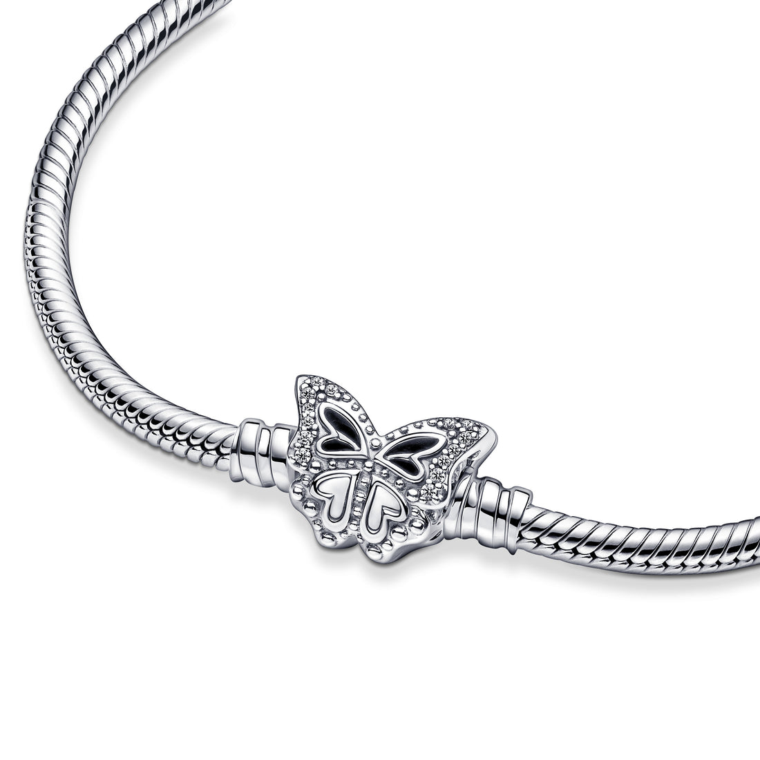 Snake Chain Sterling Silver Bracelet With Butterfly Clasp With Clear Cubic Zirconia