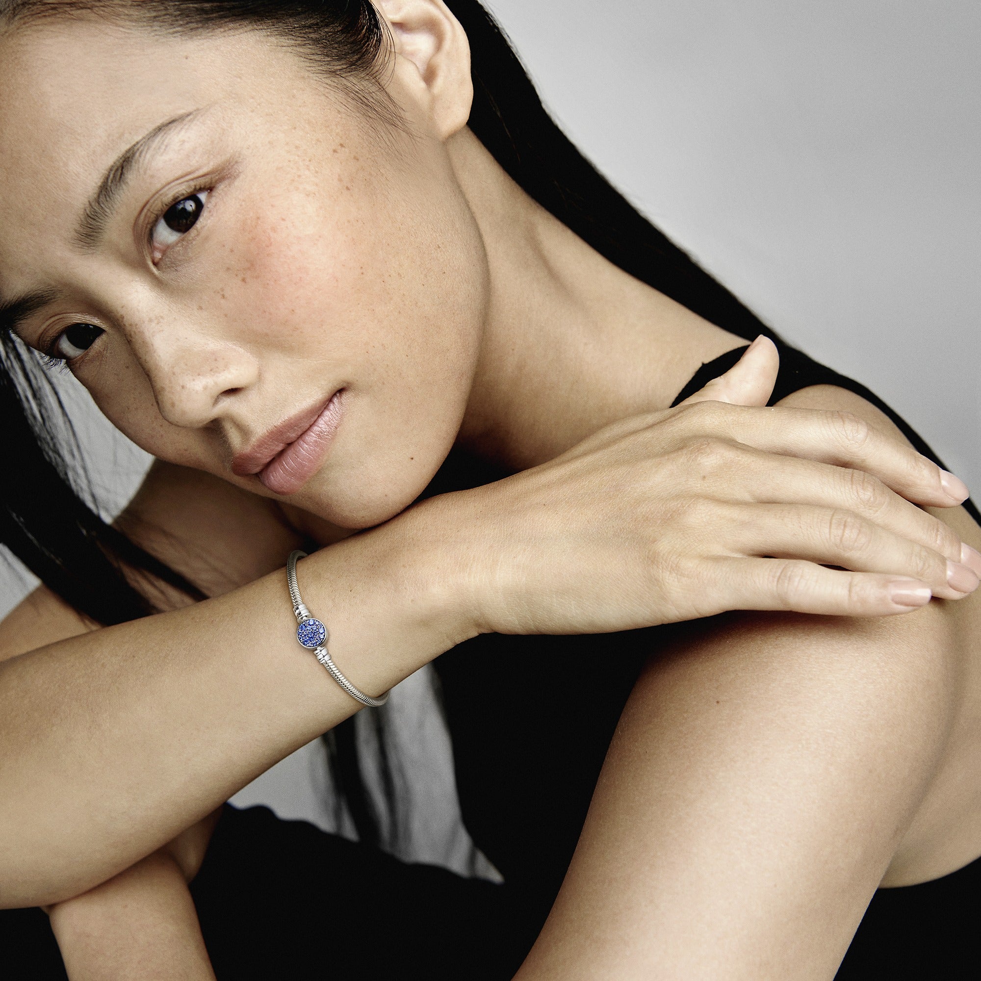 Snake Chain Sterling Silver Bracelet With Disc Clasp With Stellar Blue Crystal