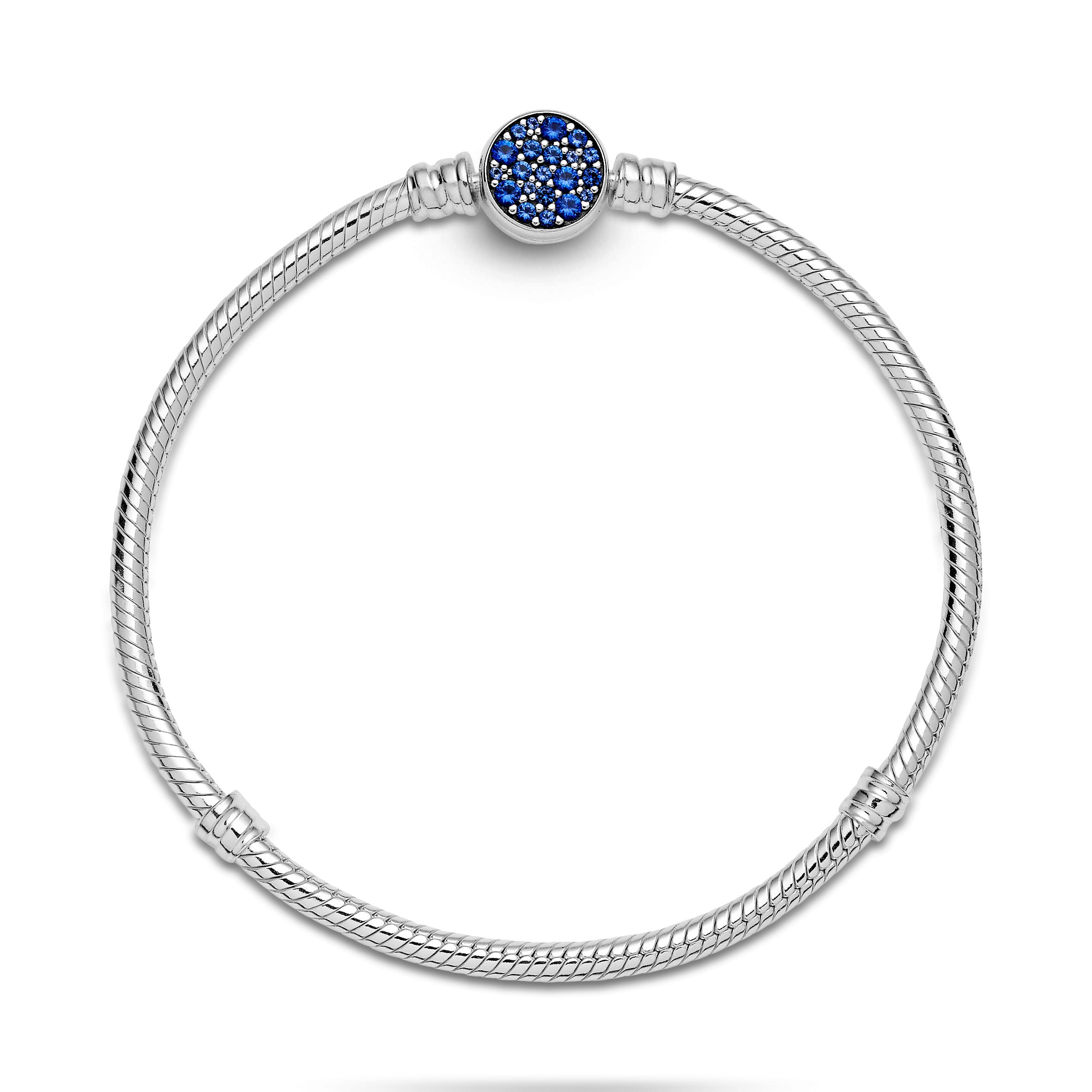Snake Chain Sterling Silver Bracelet With Disc Clasp With Stellar Blue Crystal