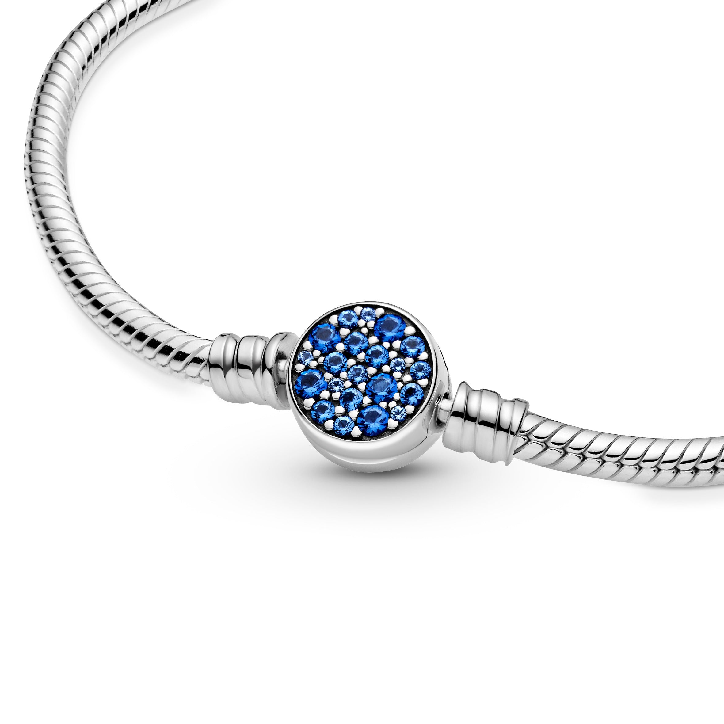 Snake Chain Sterling Silver Bracelet With Disc Clasp With Stellar Blue Crystal