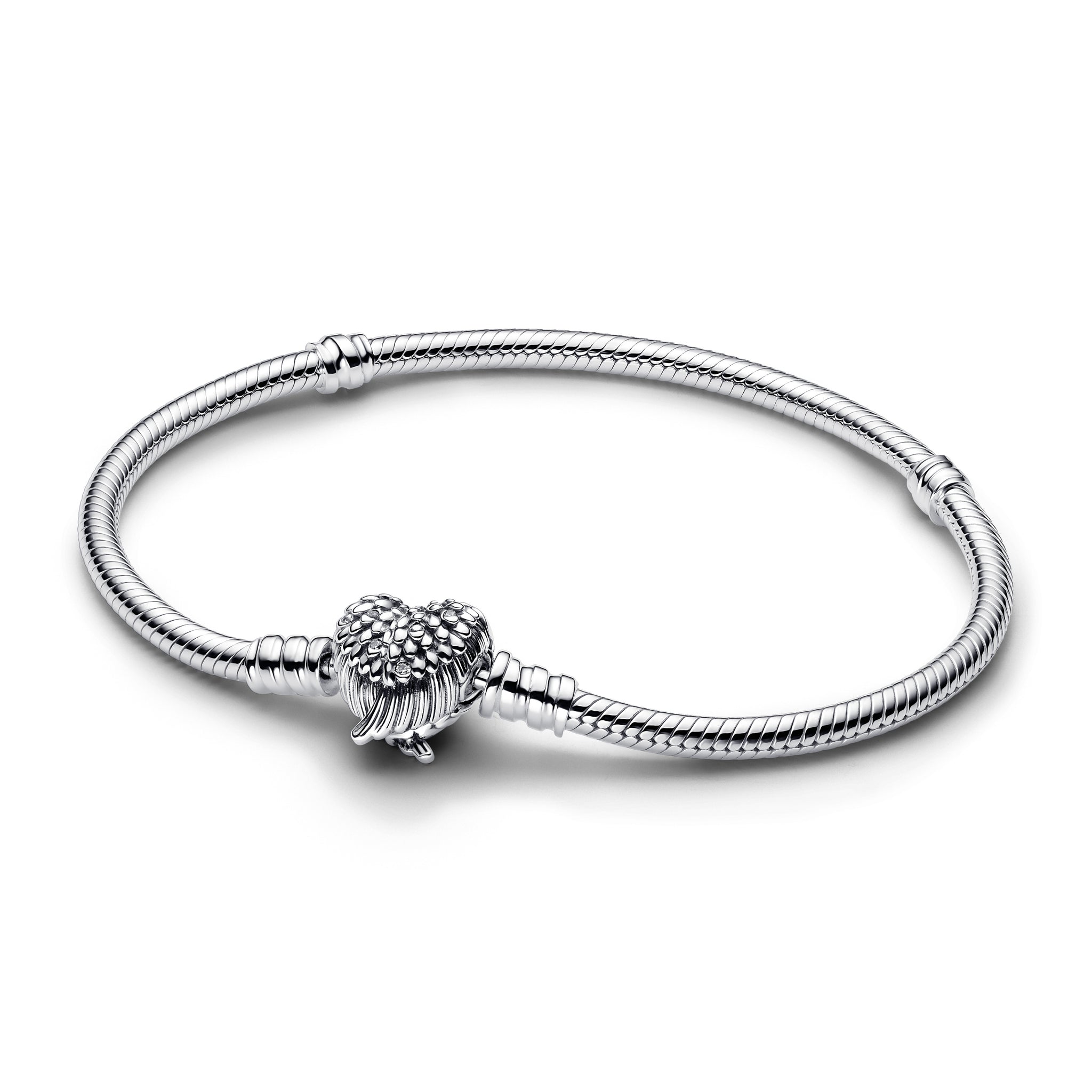 Snake Chain Sterling Silver Bracelet With Heart Wings Clasp And Clear Cubic Zirconia