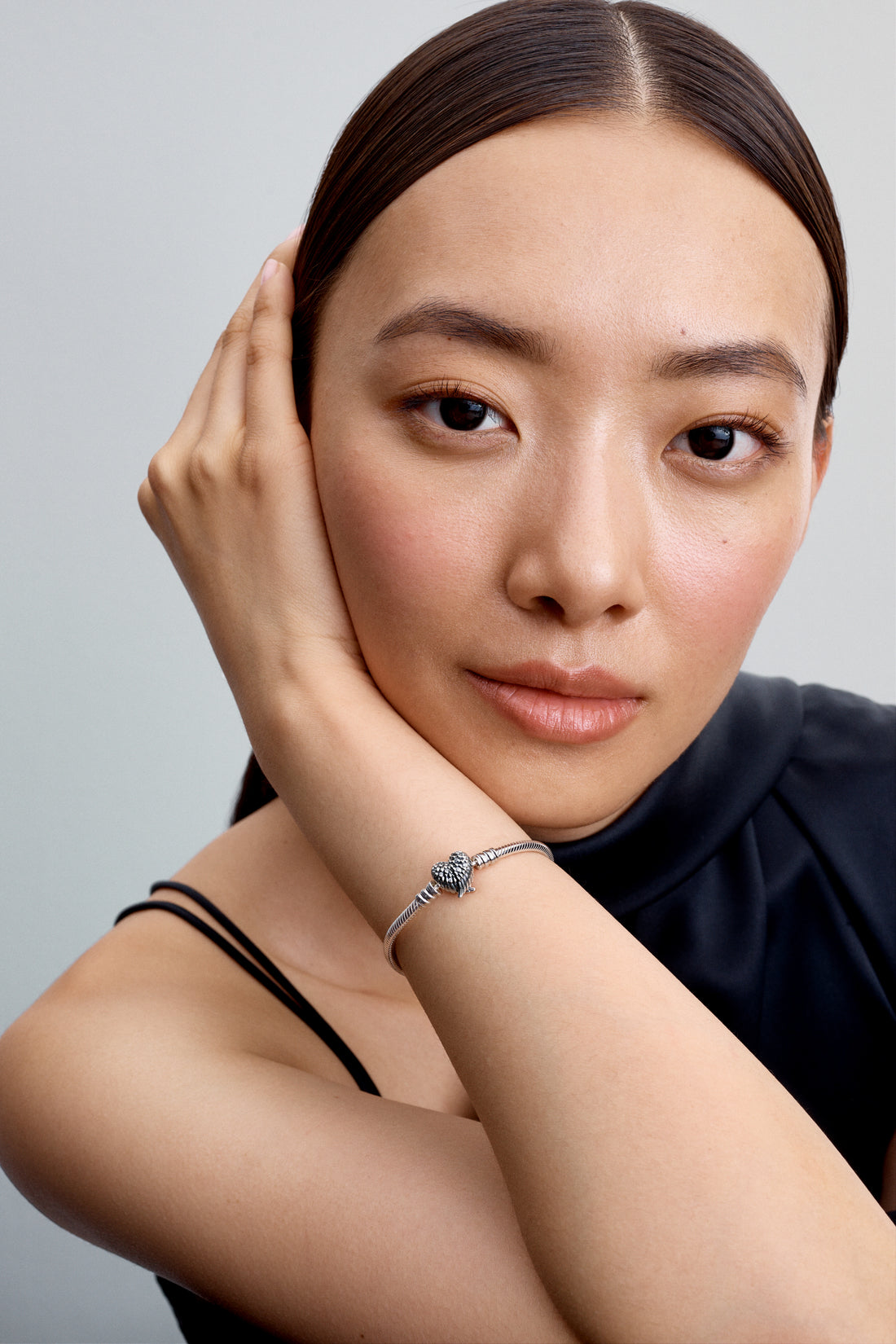 Snake Chain Sterling Silver Bracelet With Heart Wings Clasp And Clear Cubic Zirconia