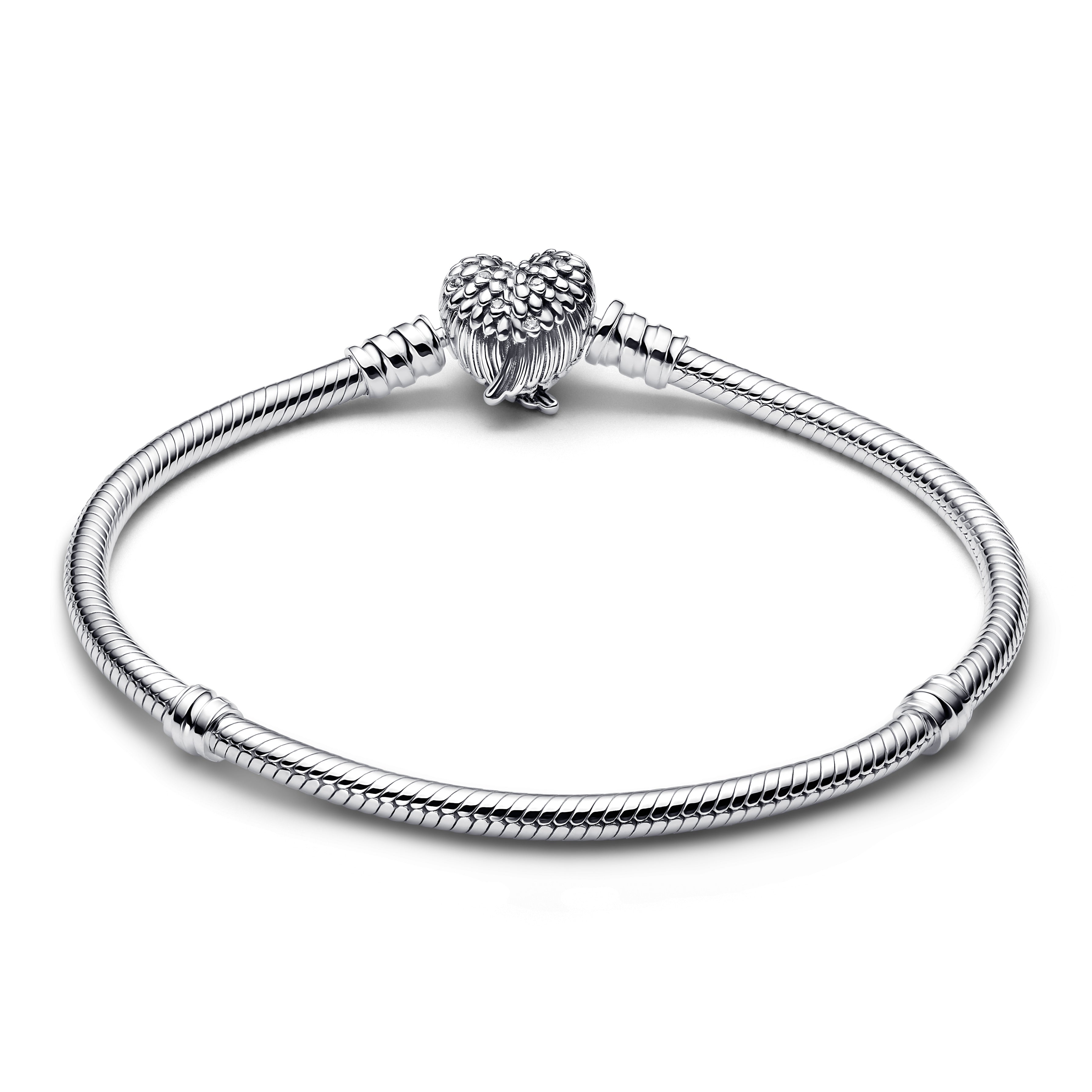 Snake Chain Sterling Silver Bracelet With Heart Wings Clasp And Clear Cubic Zirconia