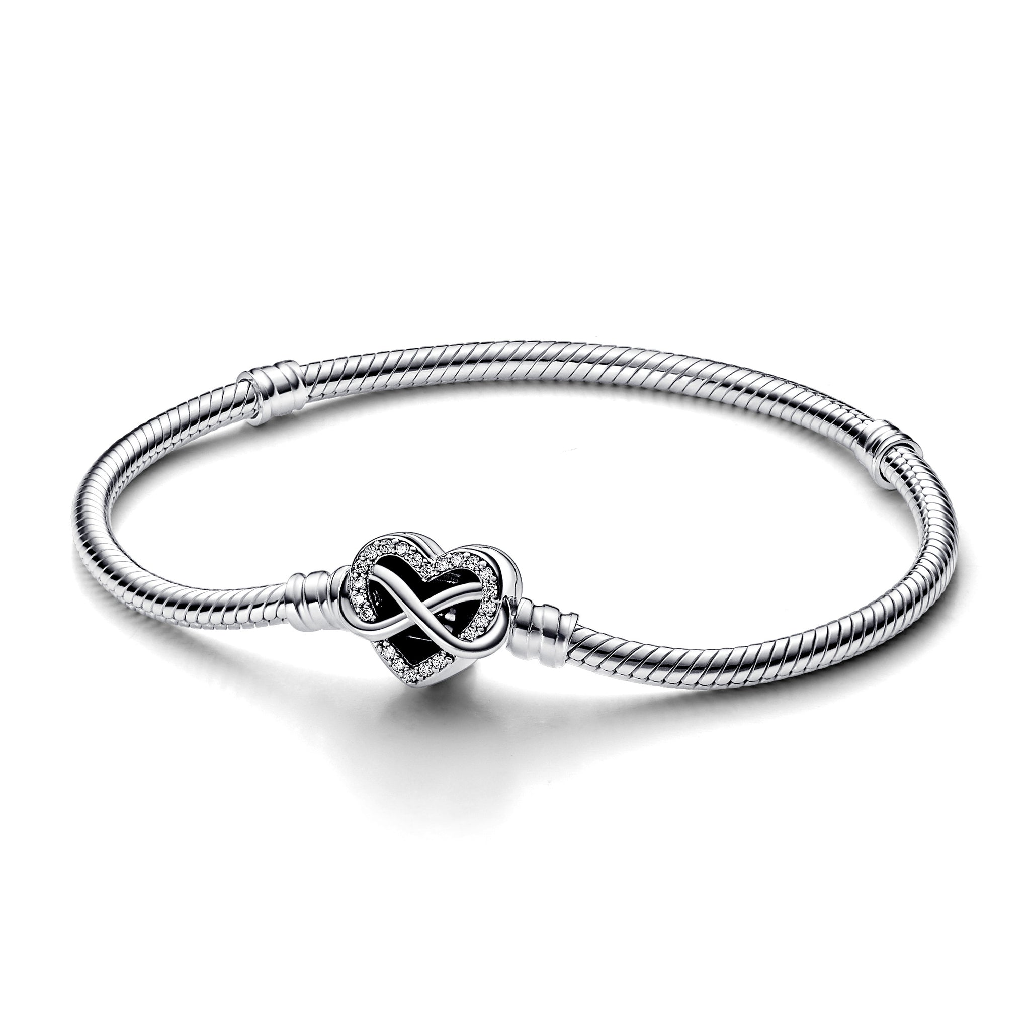 Snake Chain Sterling Silver Bracelet With Infinity Heart Clasp With Clear Cubic Zirconia