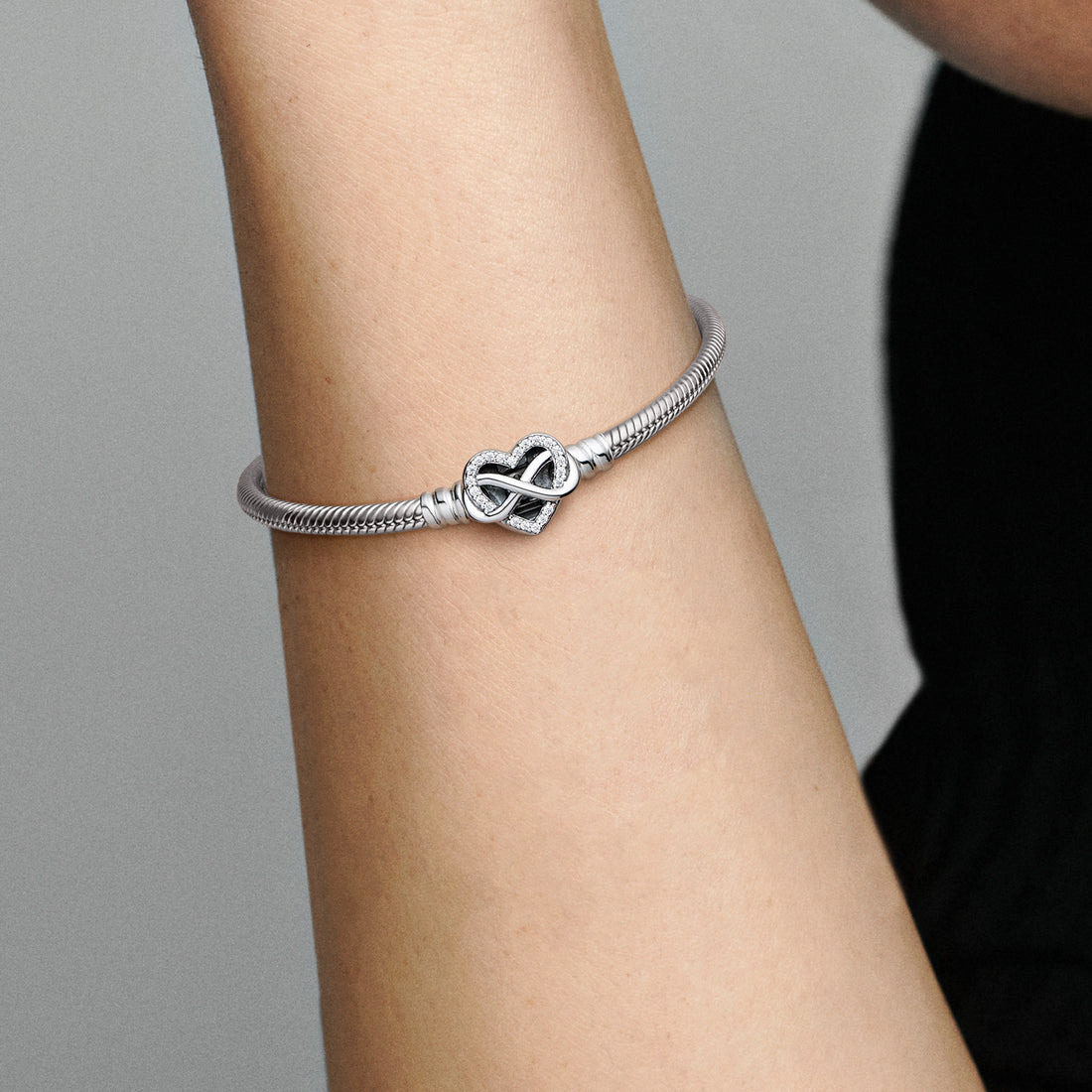 Snake Chain Sterling Silver Bracelet With Infinity Heart Clasp With Clear Cubic Zirconia