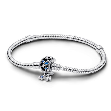 Snake Chain Sterling Silver Bracelet With Moon Clasp With Stellar Blue Crystal And Clear Cubic Zirconia