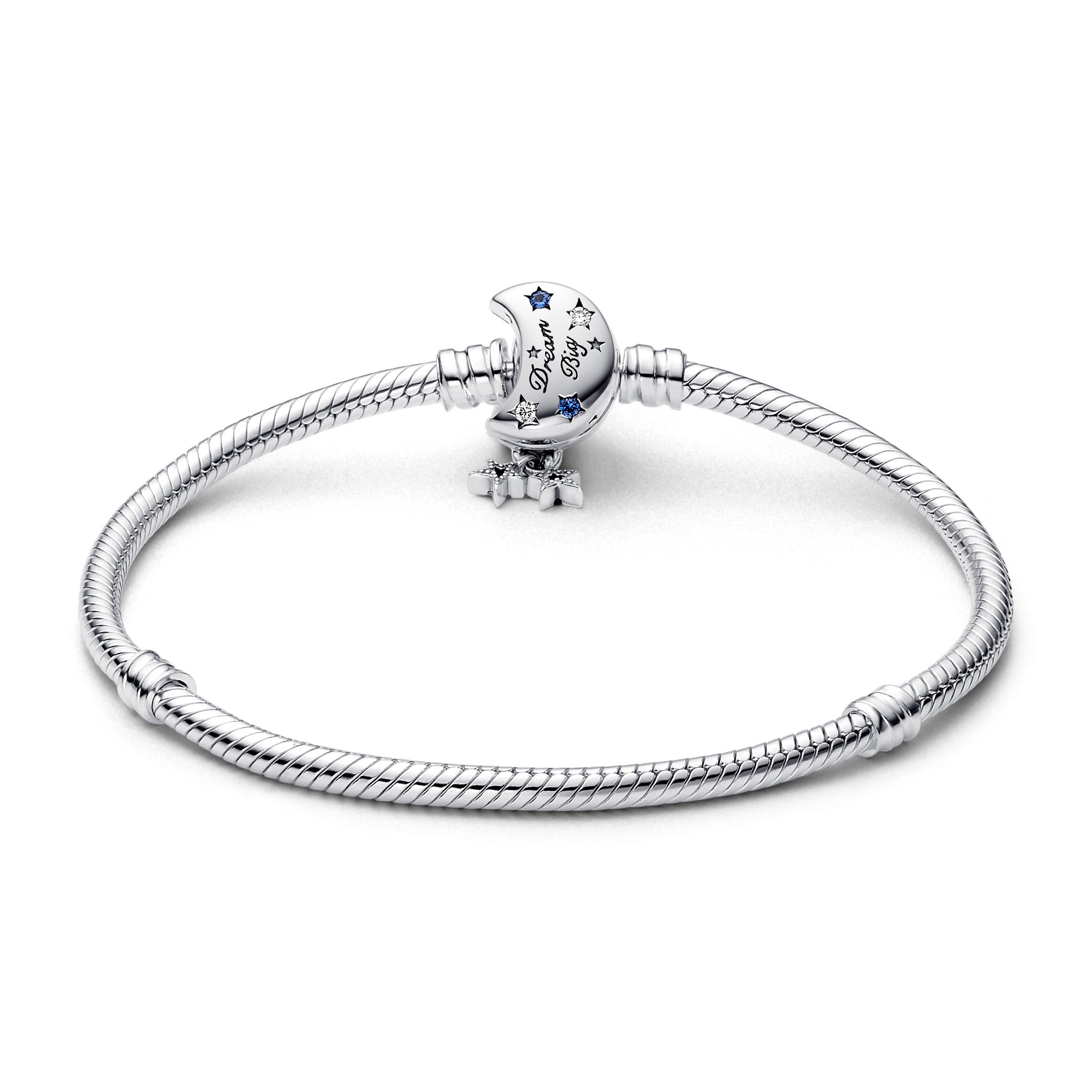 Snake Chain Sterling Silver Bracelet With Moon Clasp With Stellar Blue Crystal And Clear Cubic Zirconia